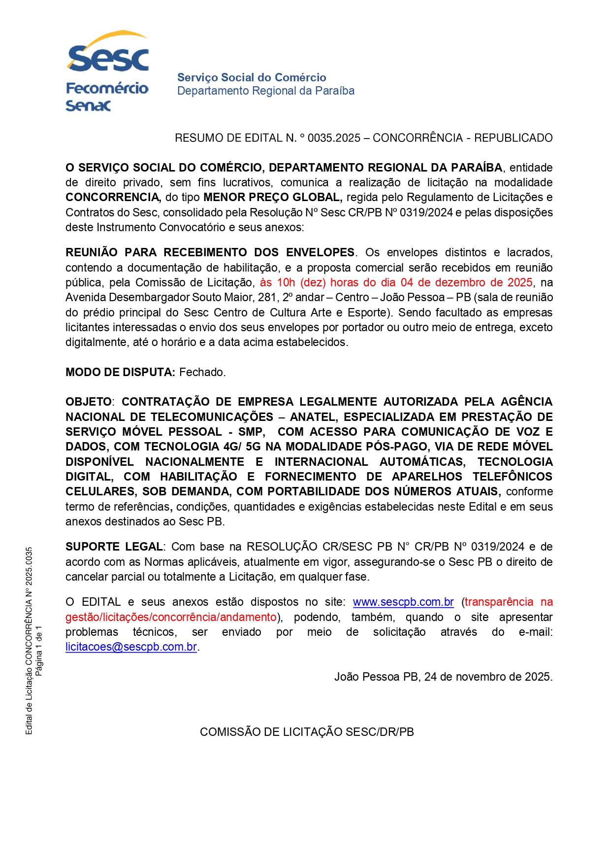 SESC – RESUMO DE EDITAL N° 0035/2025 – CONCORRÊNCIA – REPUBLICADO