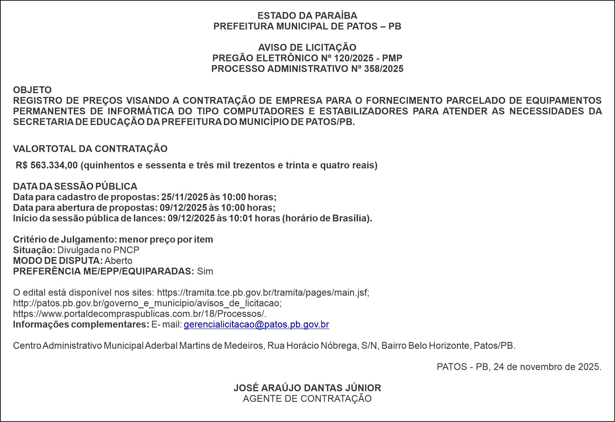 PREFEITURA MUNICIPAL DE PATOS – PB – PREGÃO ELETRÔNICO Nº 120/2025 – PMP