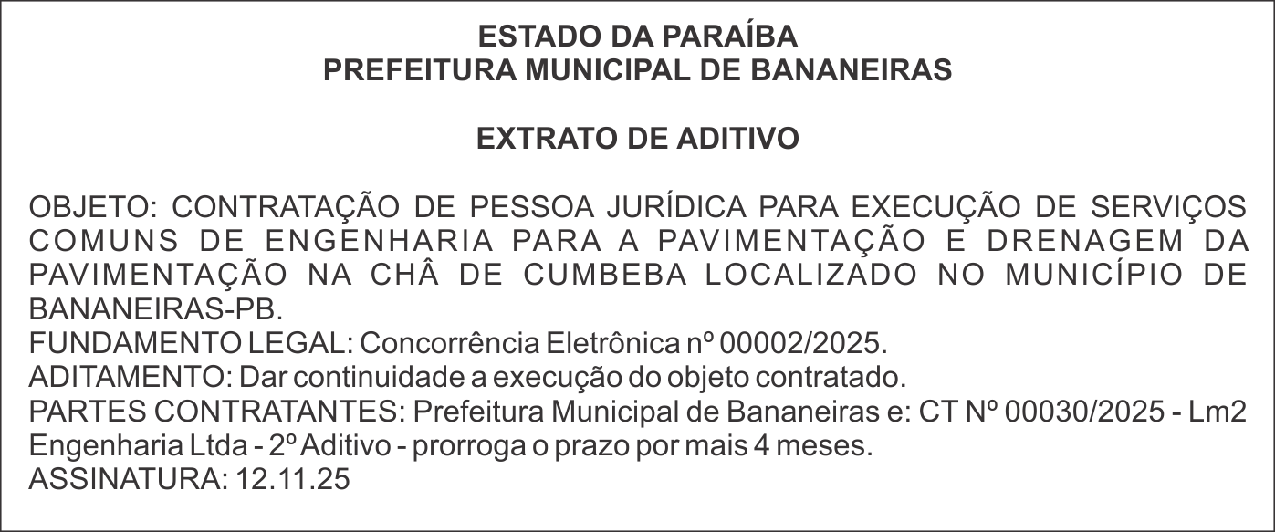 PREFEITURA MUNICIPAL DE BANANEIRAS – EXTRATO DE ADITIVO