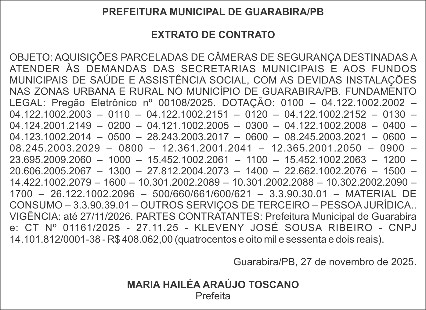 PREFEITURA MUNICIPAL DE GUARABIRA/PB – EXTRATO DE CONTRATO