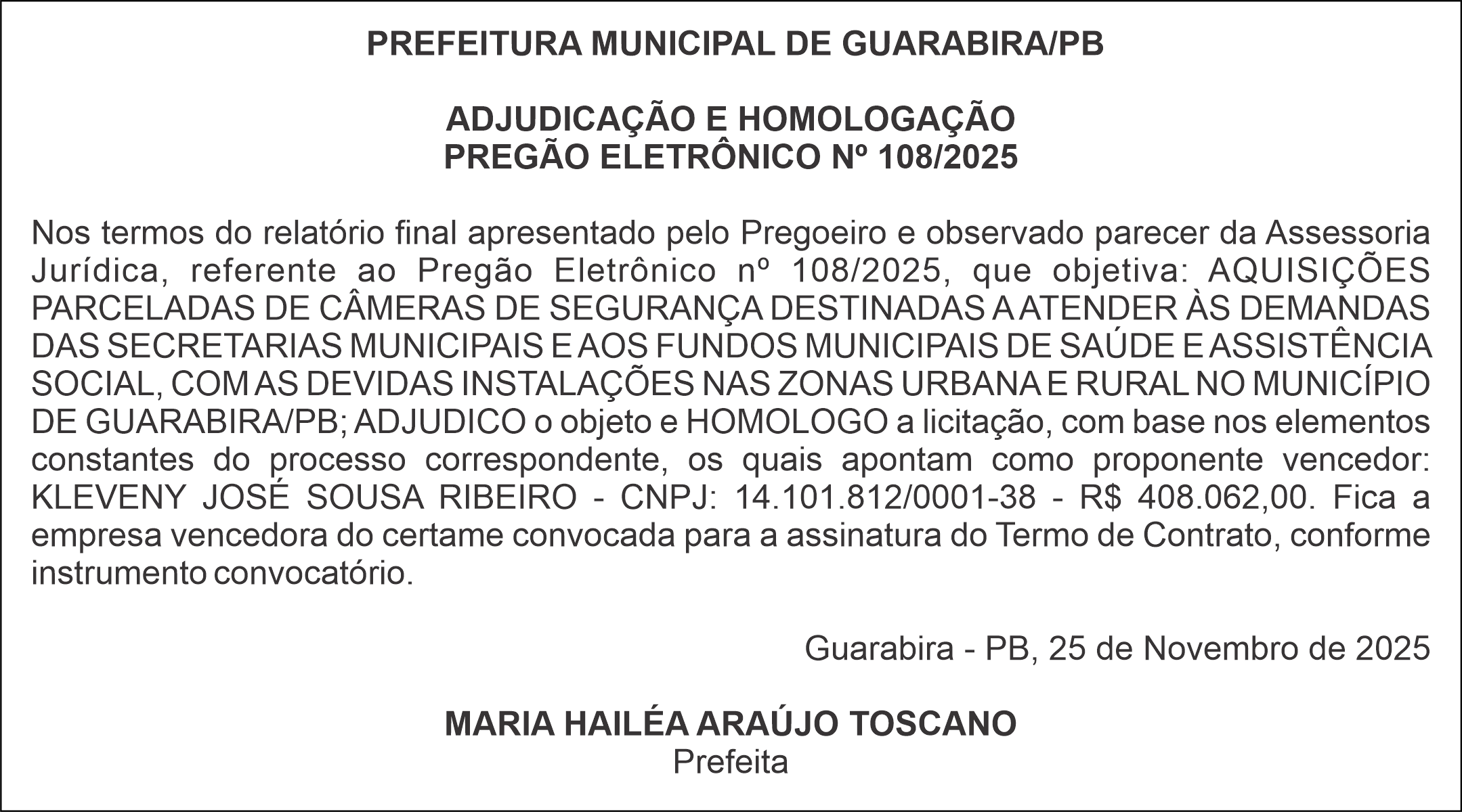 PREFEITURA MUNICIPAL DE GUARABIRA/PB – ADJUDICAÇÃO E HOMOLOGAÇÃO – PREGÃO ELETRÔNICO Nº 108/2025