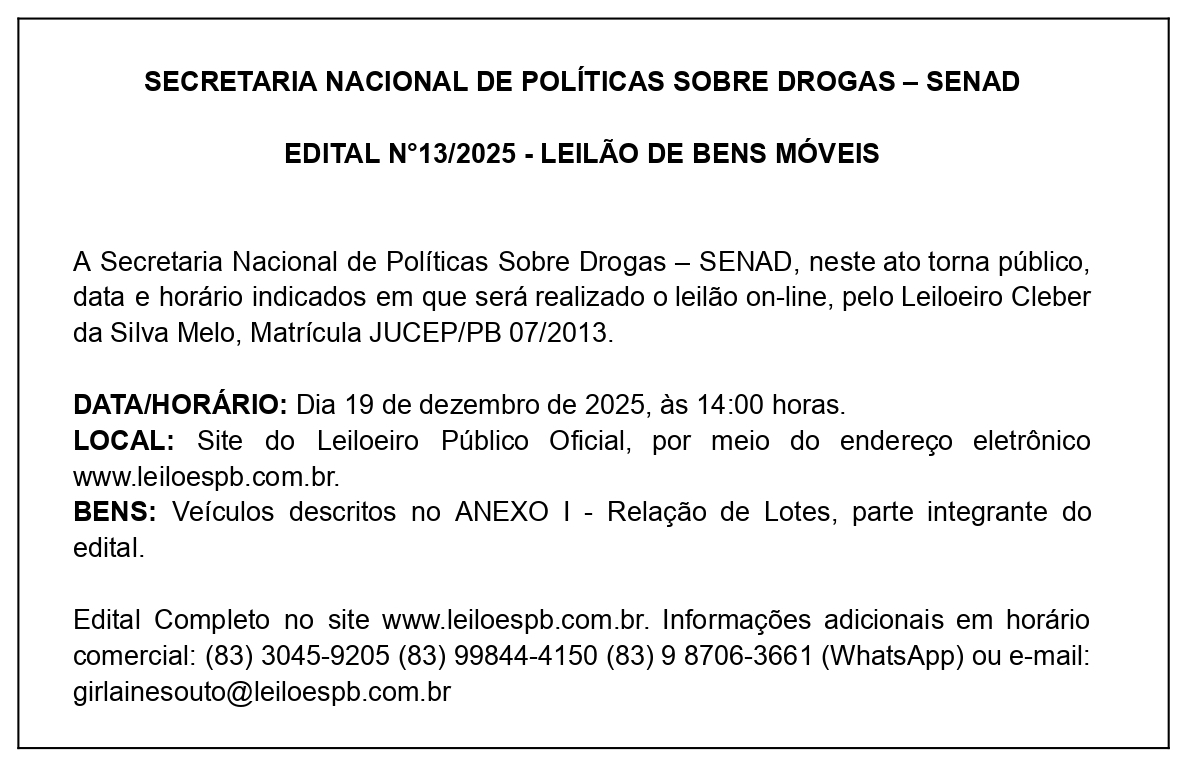SENAD – EDITAL N°13/2025 – LEILÃO DE BENS MÓVEIS