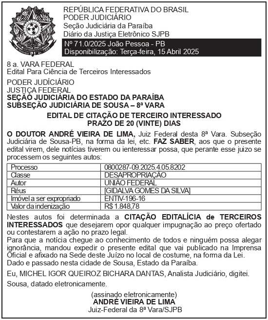 SECRETARIA NACIONAL DE SEGURANÇA HIDRICA – SNSH – MDR – DF – BRASÍLIA – Edital de Citação de Terceiros Interessados – ENTIV-196-13 (GIDALVA GOMES DA SILVA SOARES)