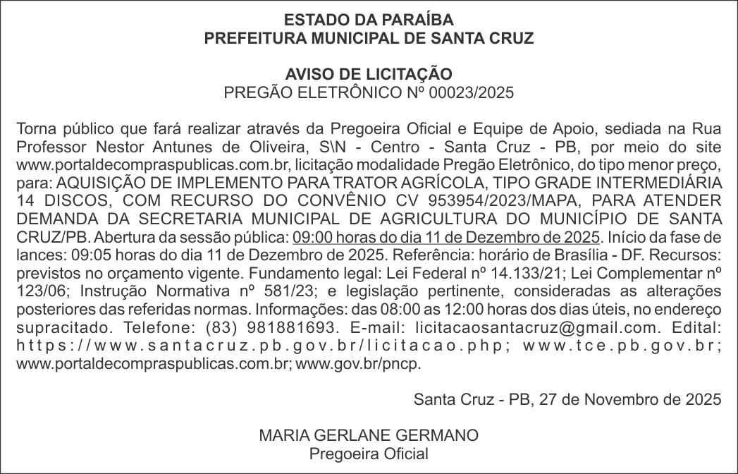 PREFEITURA MUNICIPAL DE SANTA CRUZ – AVISO DE LICITAÇÃO PREGÃO ELETRÔNICO Nº 00023/2025