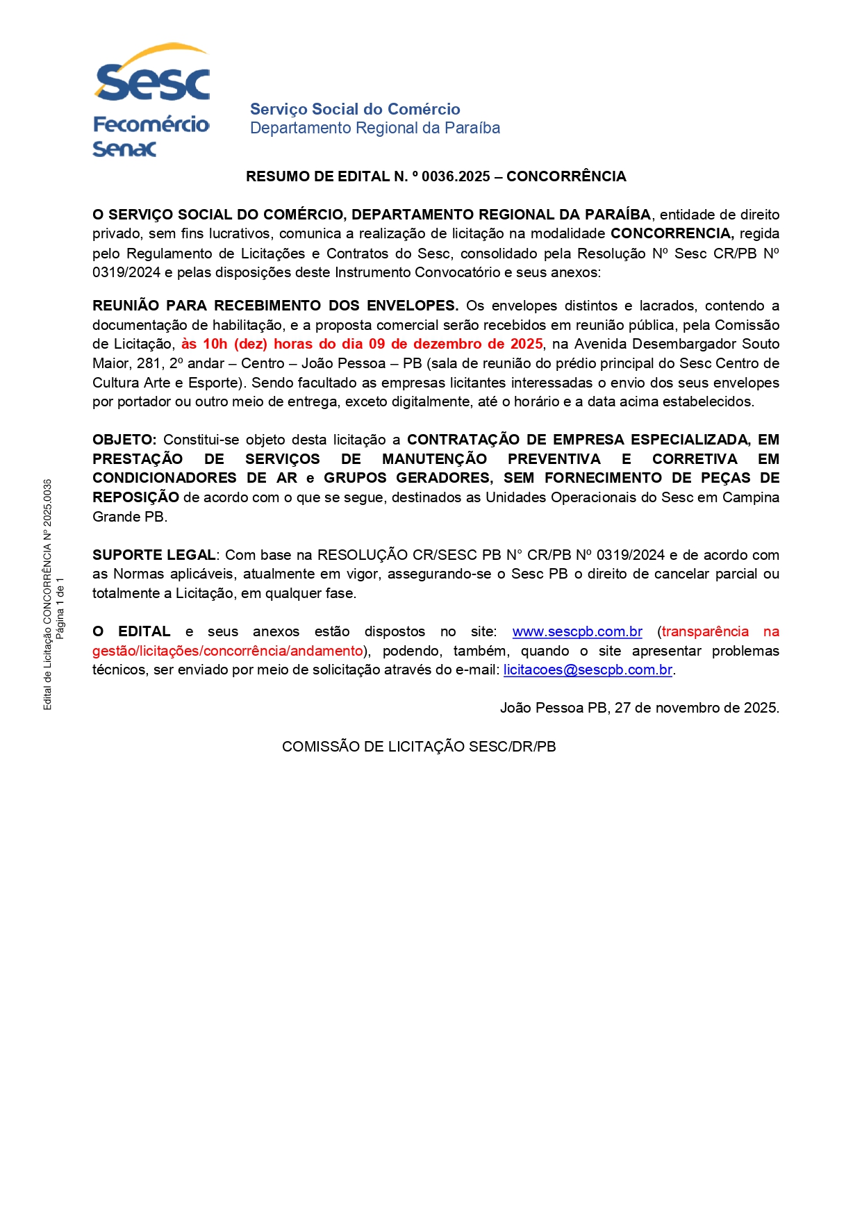 SESC – RESUMO DE EDITAL N. º 0036.2025 – CONCORRÊNCIA