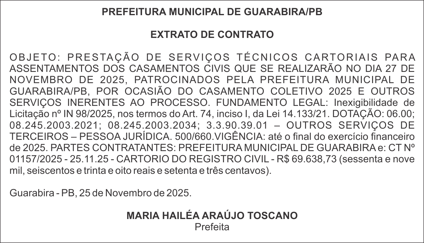 PREFEITURA MUNICIPAL DE GUARABIRA/PB – EXTRATO DE CONTRATO