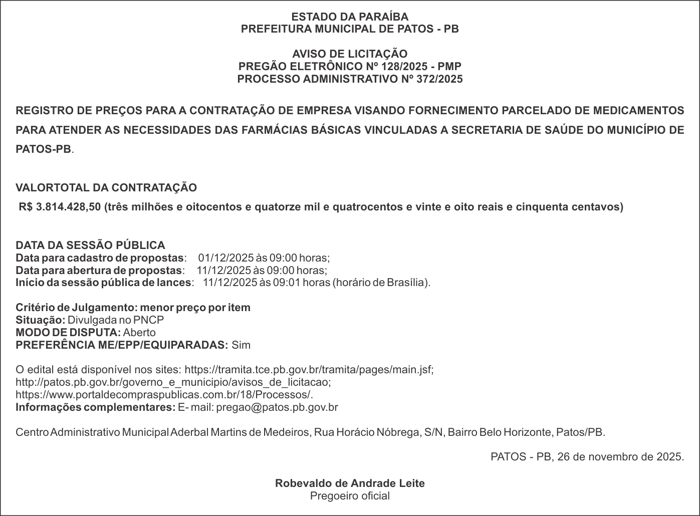 PREFEITURA MUNICIPAL DE PATOS – PB – PREGÃO ELETRÔNICO Nº 128/2025 – PMP