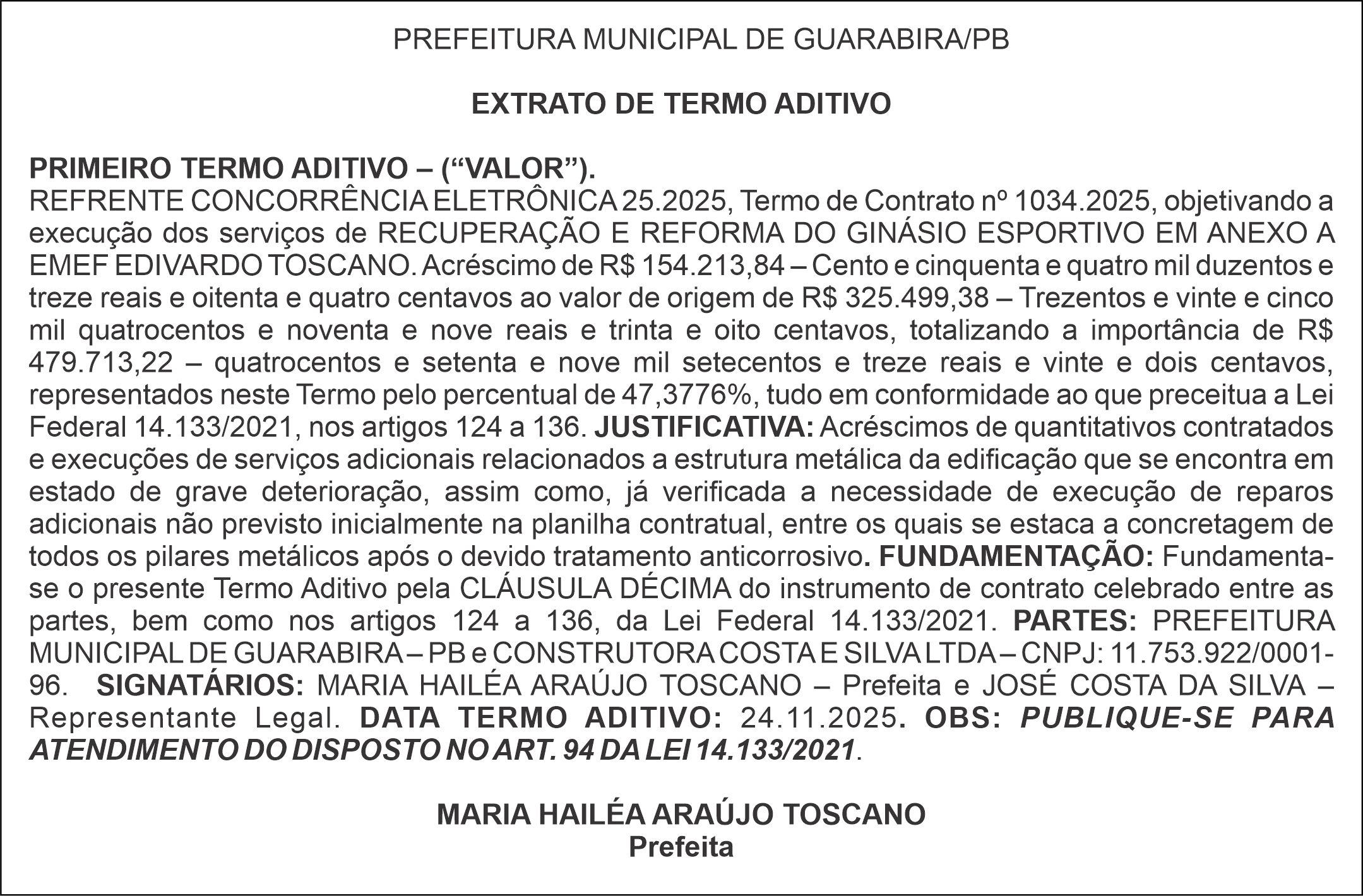 PREFEITURA MUNICIPAL DE GUARABIRA/PB – EXTRATO DE TERMO ADITIVO