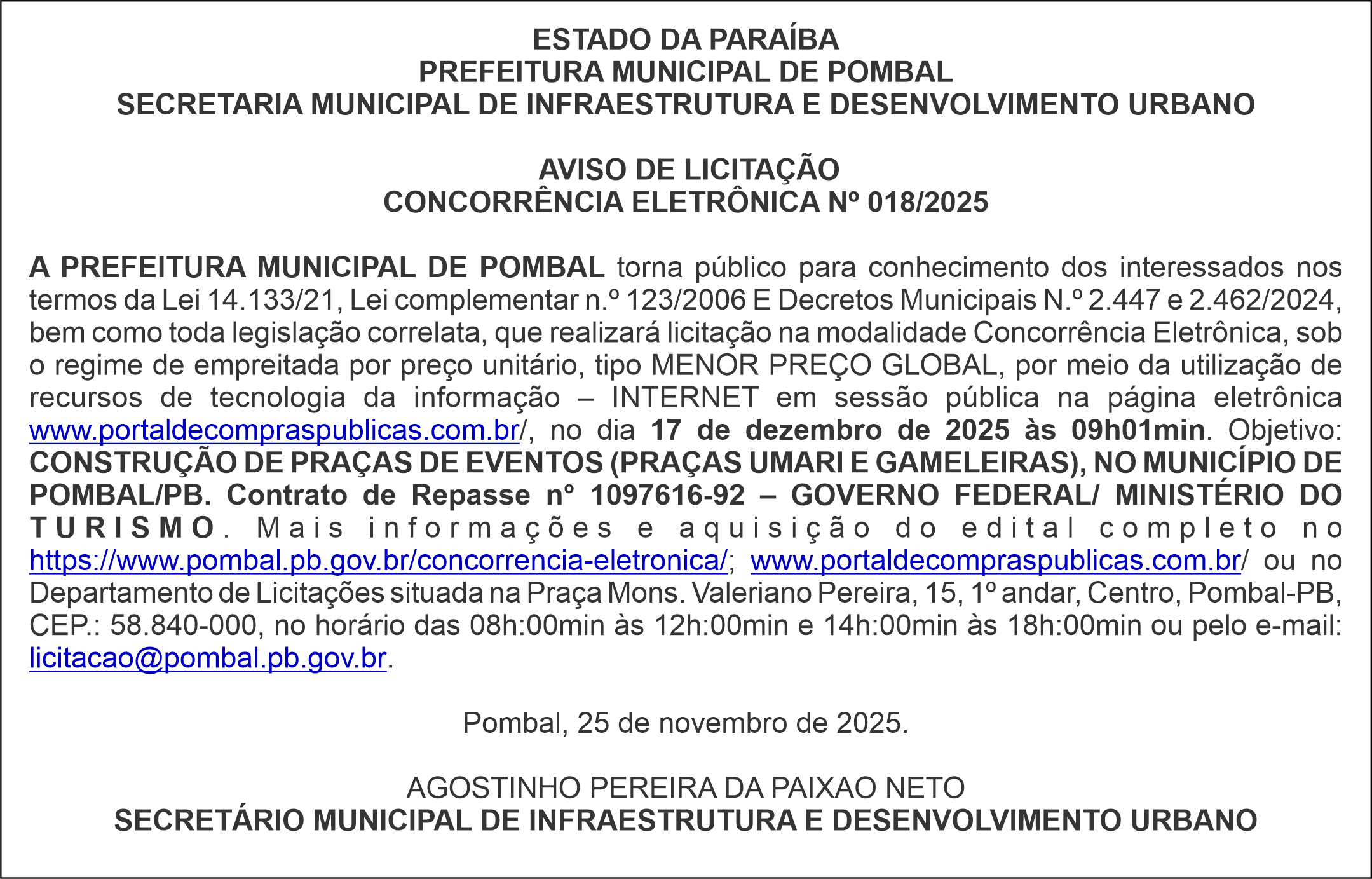 PREFEITURA MUNICIPAL DE POMBAL – AVISO DE LICITAÇÃO – CONCORRÊNCIA ELETRÔNICA Nº 018/2025