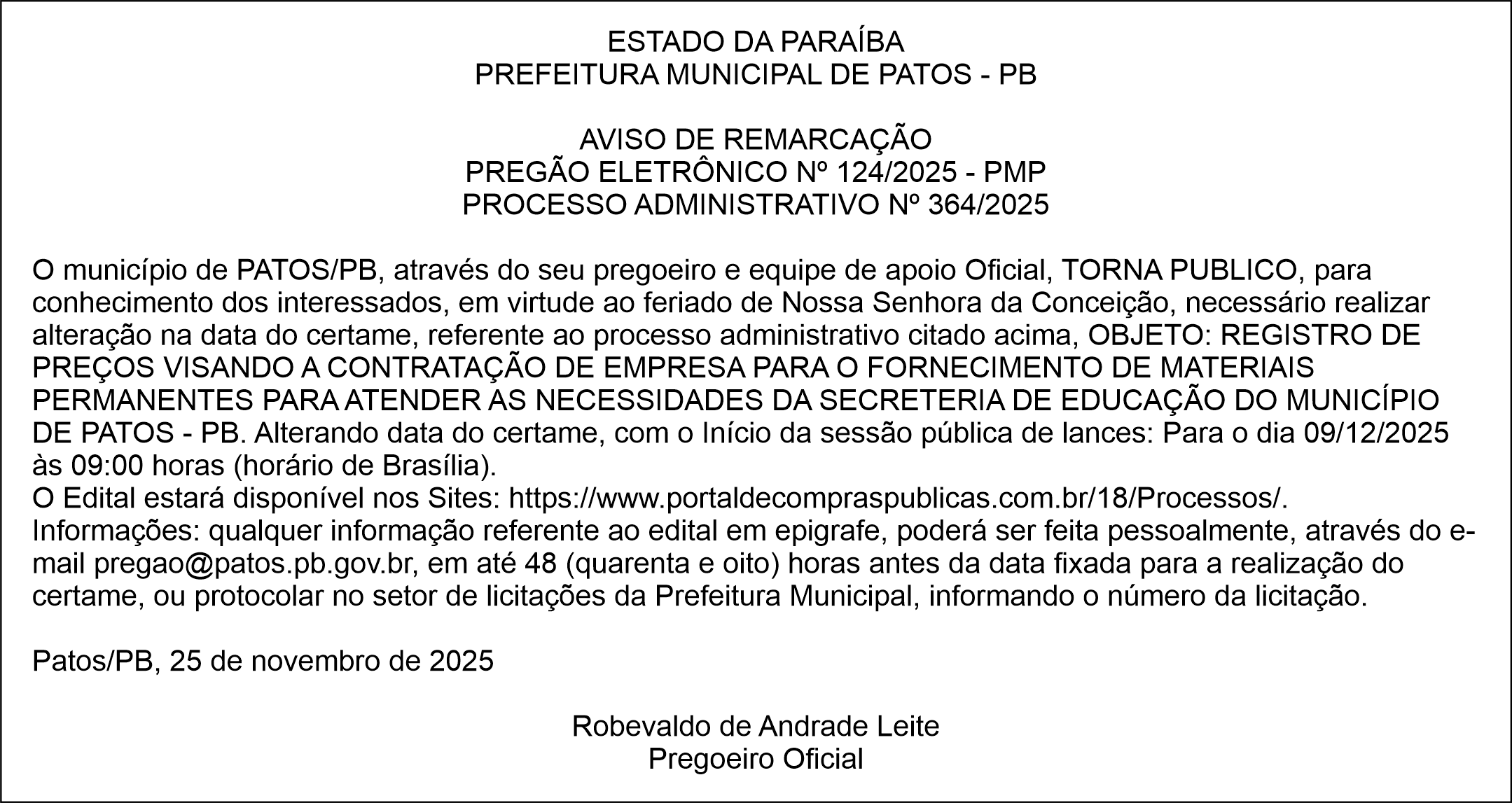PREFEITURA MUNICIPAL DE PATOS – PB PREGÃO ELETRÔNICO Nº 124/2025 – PMP