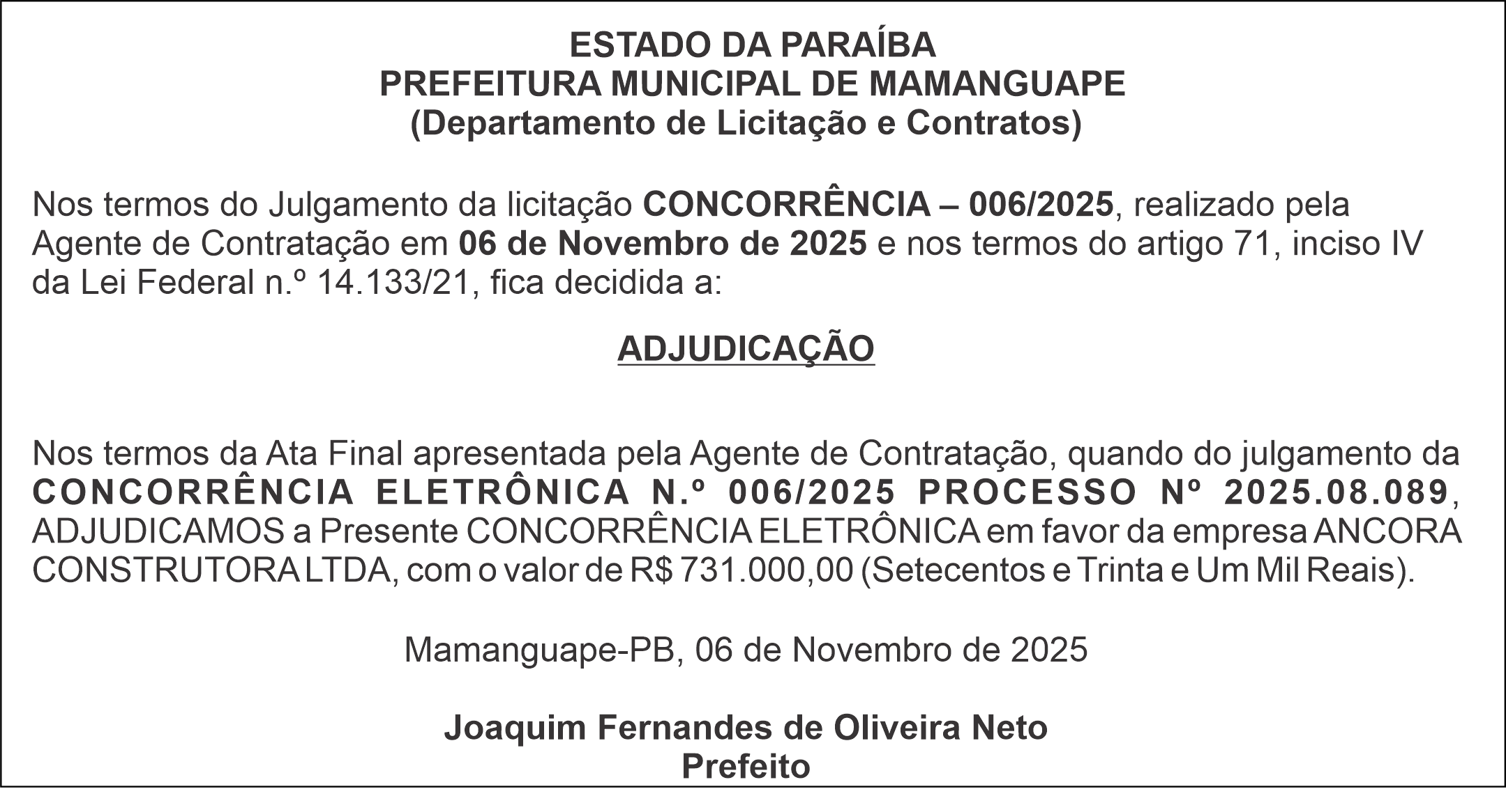 PREFEITURA MUNICIPAL DE MAMANGUAPE – CONCORRÊNCIA – 006/2025 – ADJUDICAÇÃO