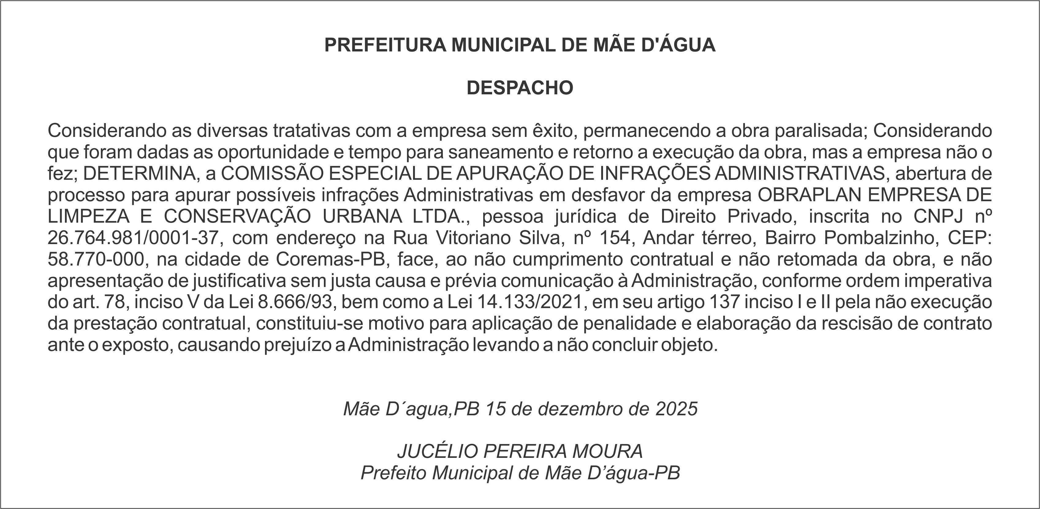 PREFEITURA DE MÃE D’ÁGUA – DESPACHO