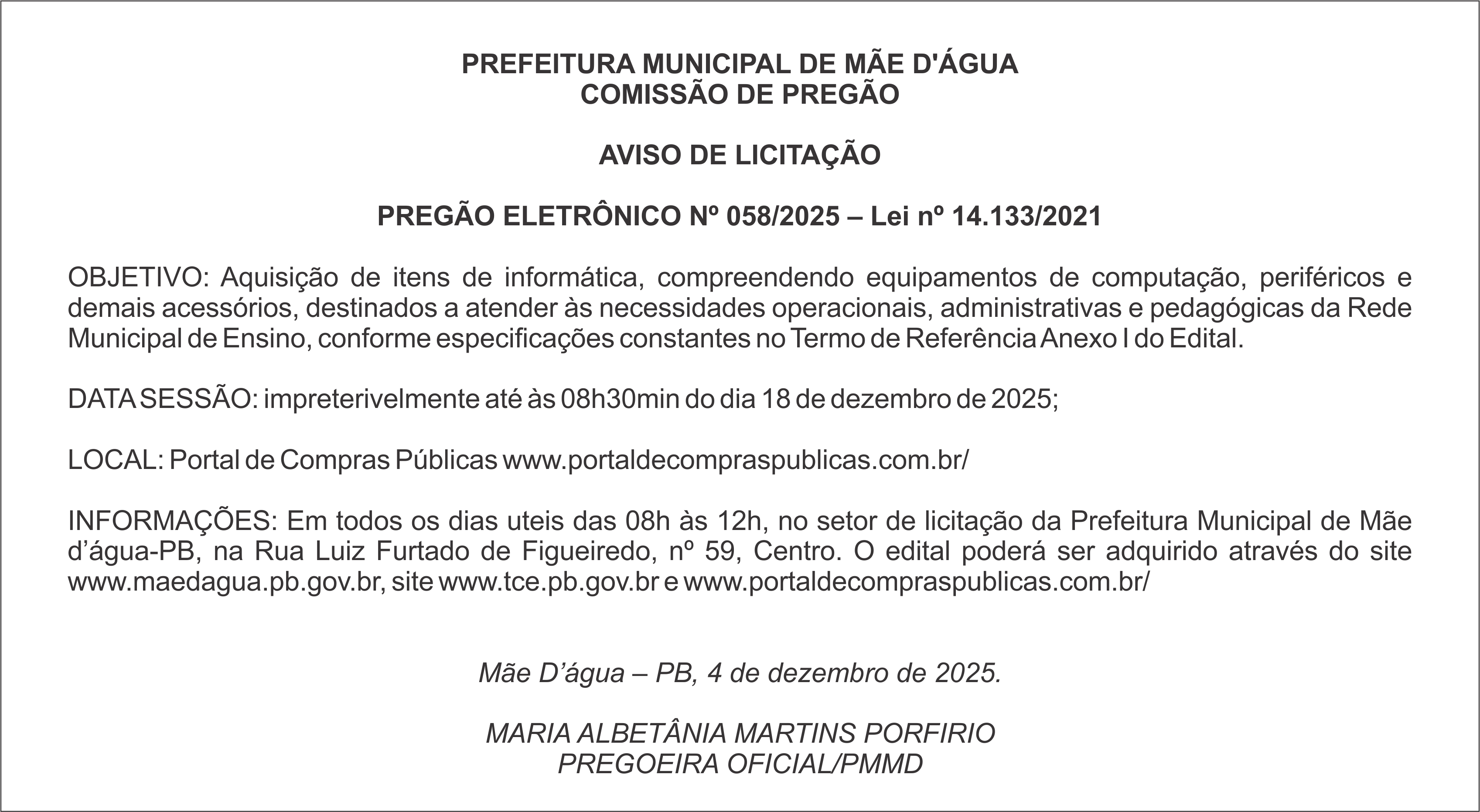 PREFEITURA DE MÃE D’ÁGUA – AVISO DE LICITAÇÃO – PREGÃO ELETRÔNICO Nº 058/2025