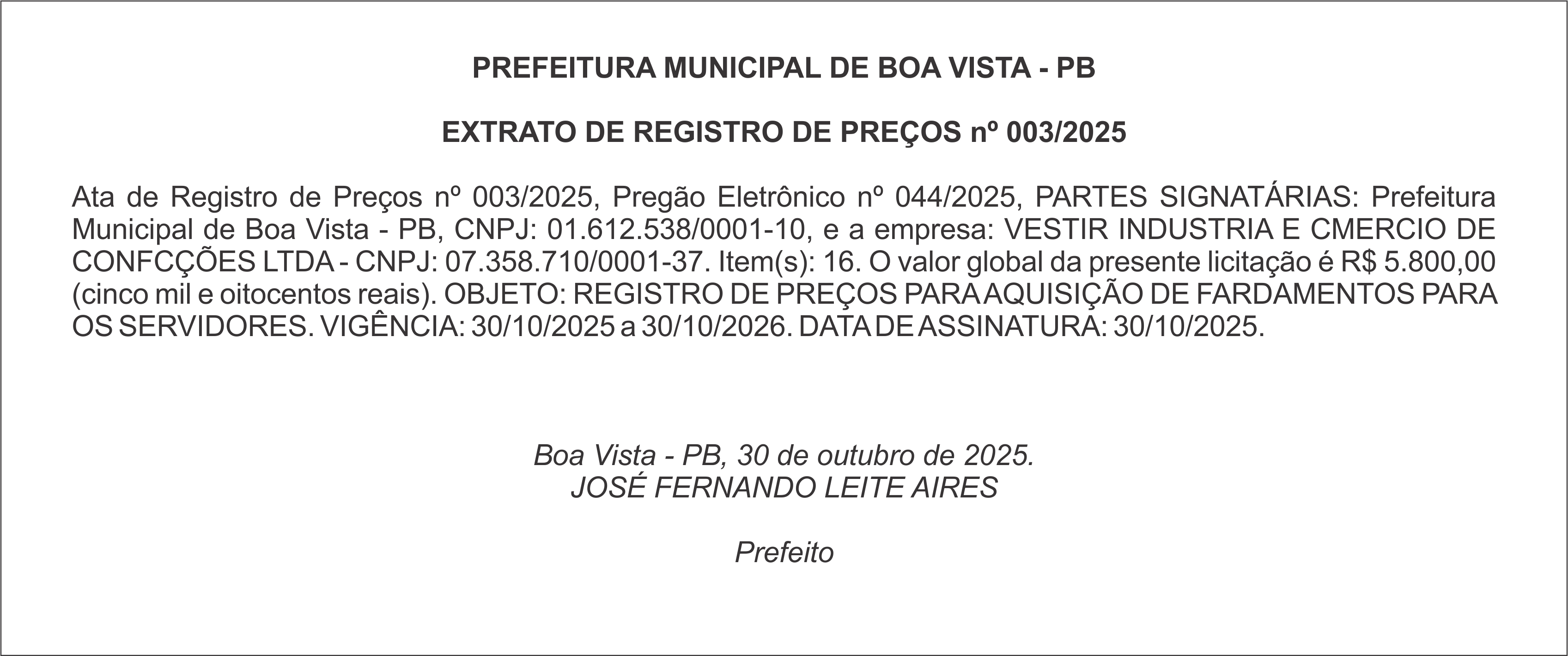 PREFEITURA MUNICIPAL DE BOA VISTA – PB – EXTRATO DE REGISTRO DE PREÇOS nº 003/2025