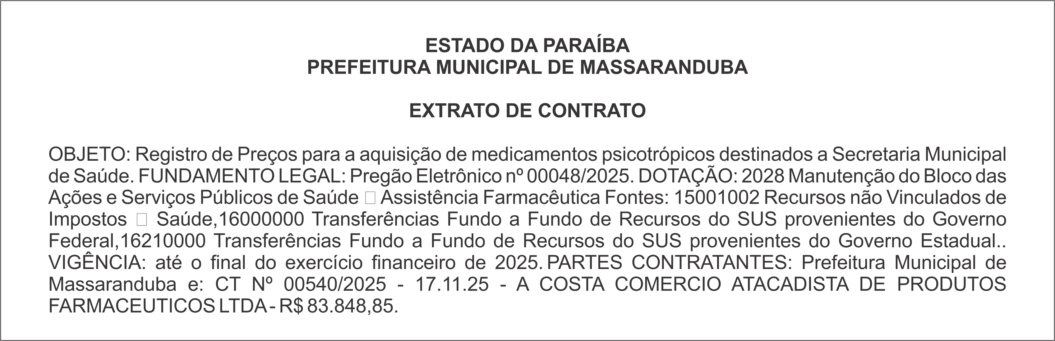 PREFEITURA MUNICIPAL DE MASSARANDUBA – EXTRATO DE CONTRATO