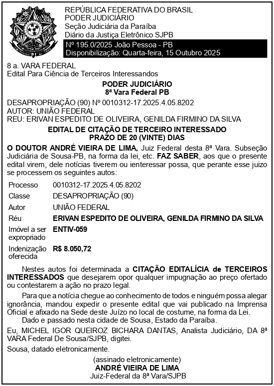 SECRETARIA NACIONAL DE SEGURANÇA HIDRICA – SNSH – MDR – DF – BRASÍLIA – Edital de Citação de Terceiros Interessados – ENTIV-059 (ERIVAM ESPEDITO DE OLIVEIRA)