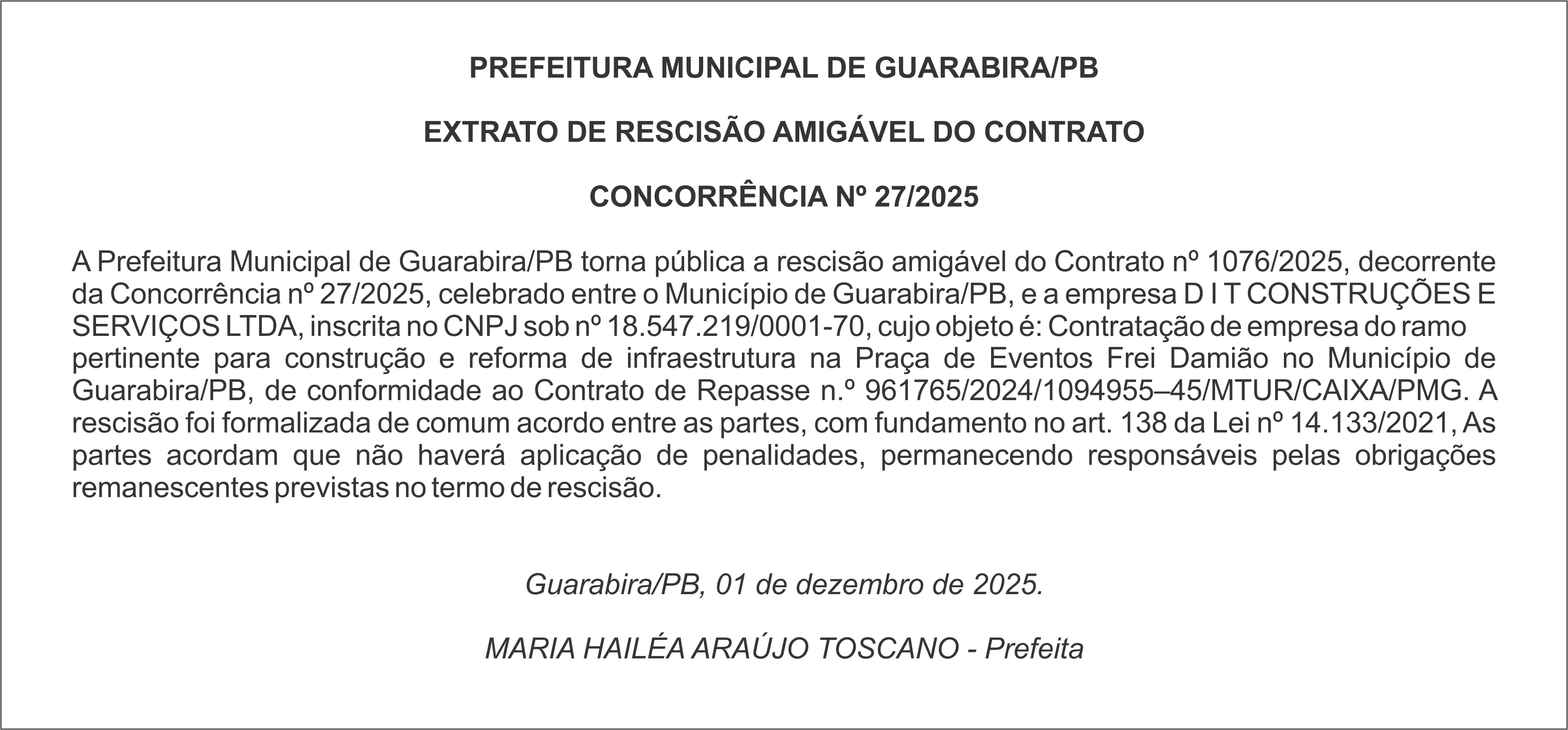 PREFEITURA MUNICIPAL DE GUARABIRA/PB – EXTRATO DE RESCISÃO AMIGÁVEL DO CONTRATO – CONCORRÊNCIA Nº 27/2025