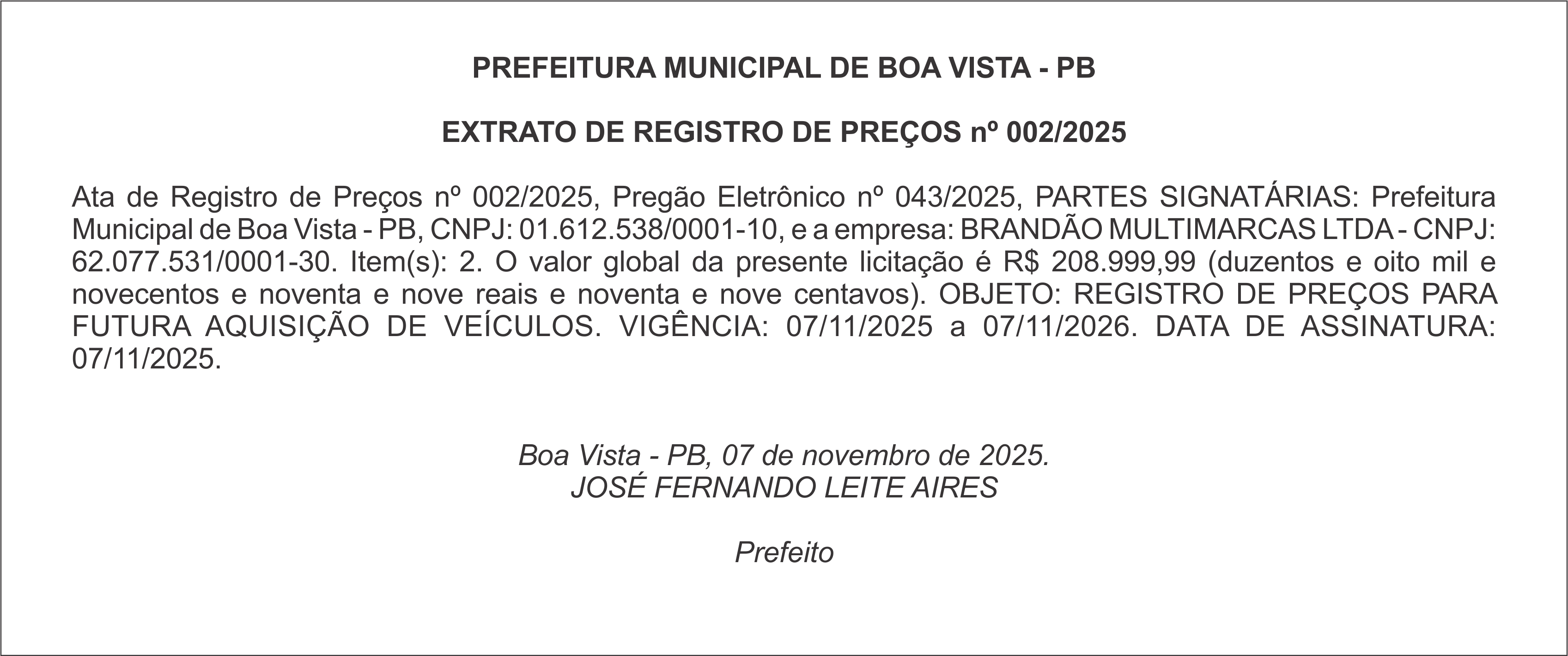 PREFEITURA MUNICIPAL DE BOA VISTA – PB – EXTRATO DE REGISTRO DE PREÇOS nº 002/2025