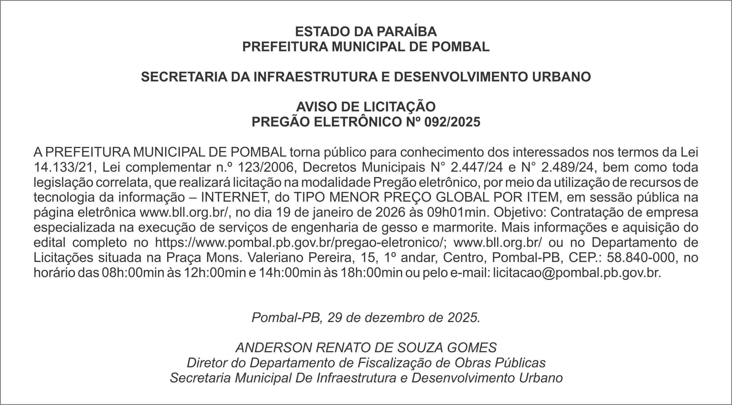 PREFEITURA MUNICIPAL DE POMBAL  – AVISO DE LICITAÇÃO – PREGÃO ELETRÔNICO Nº 092/2025