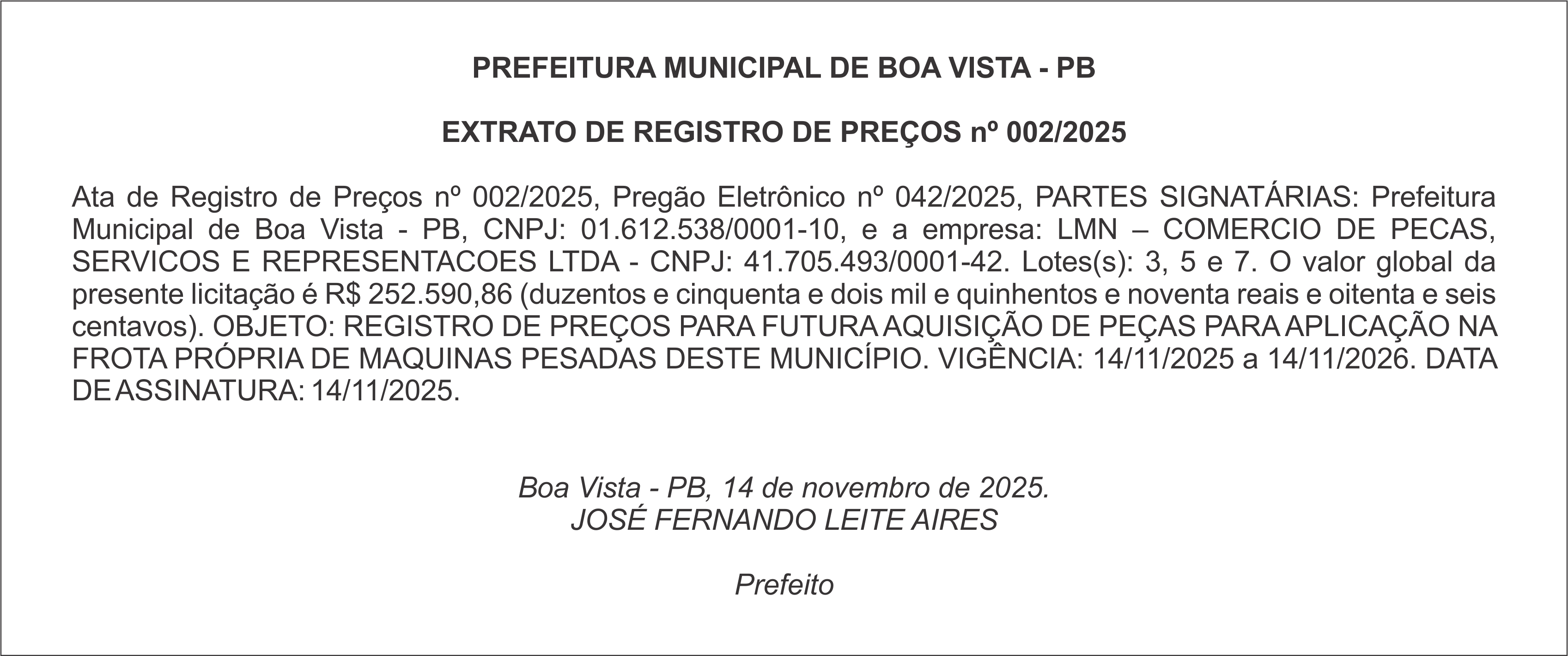 PREFEITURA MUNICIPAL DE BOA VISTA – PB – EXTRATO DE REGISTRO DE PREÇOS nº 002/2025