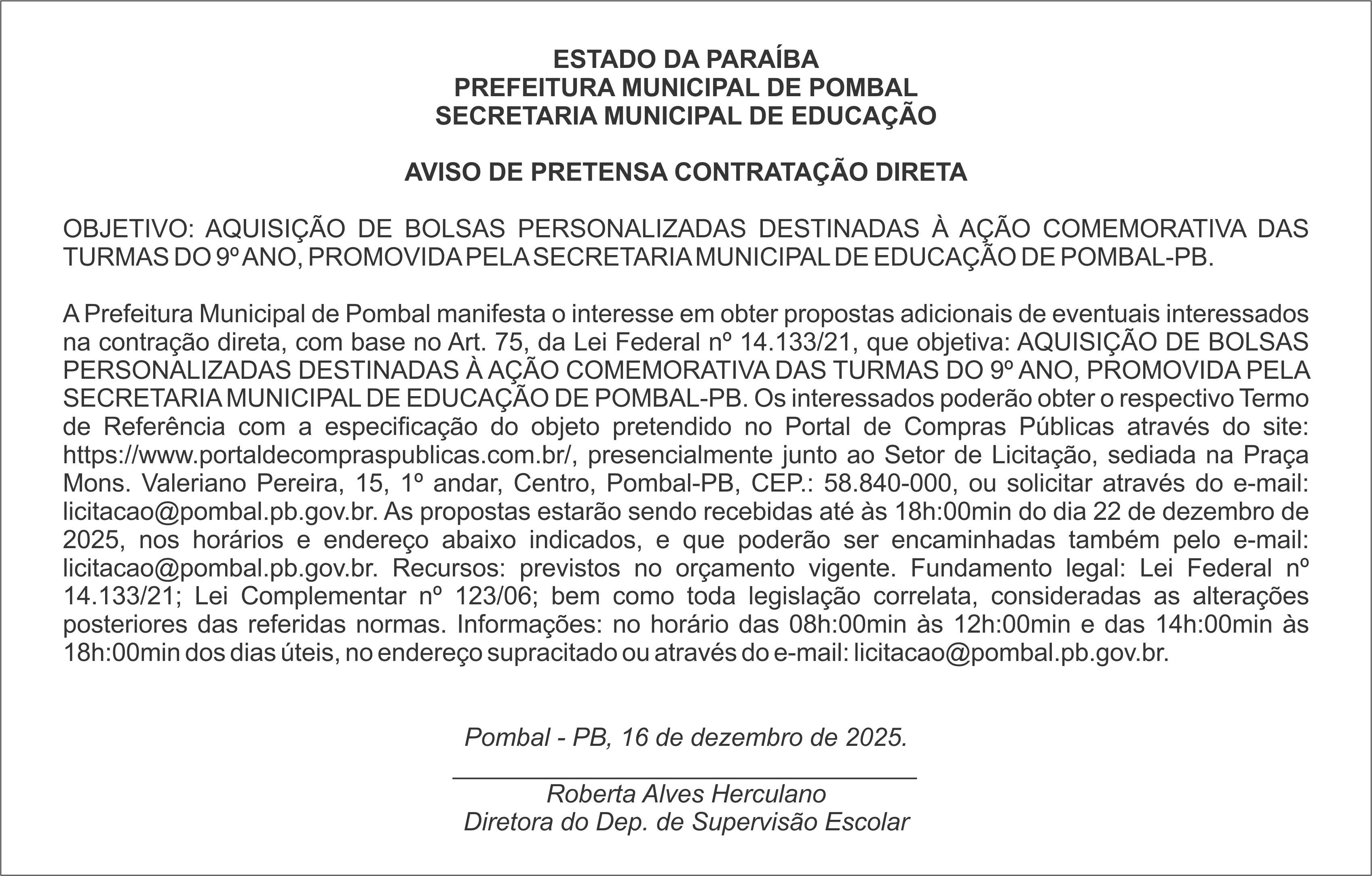 PREFEITURA MUNICIPAL DE POMBAL  – AVISO DE PRETENSA CONTRATAÇÃO DIRETA