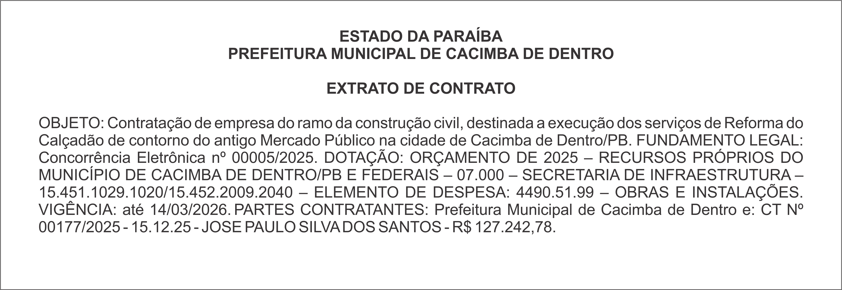 PREFEITURA MUNICIPAL DE CACIMBA DE DENTRO – EXTRATO DE CONTRATO