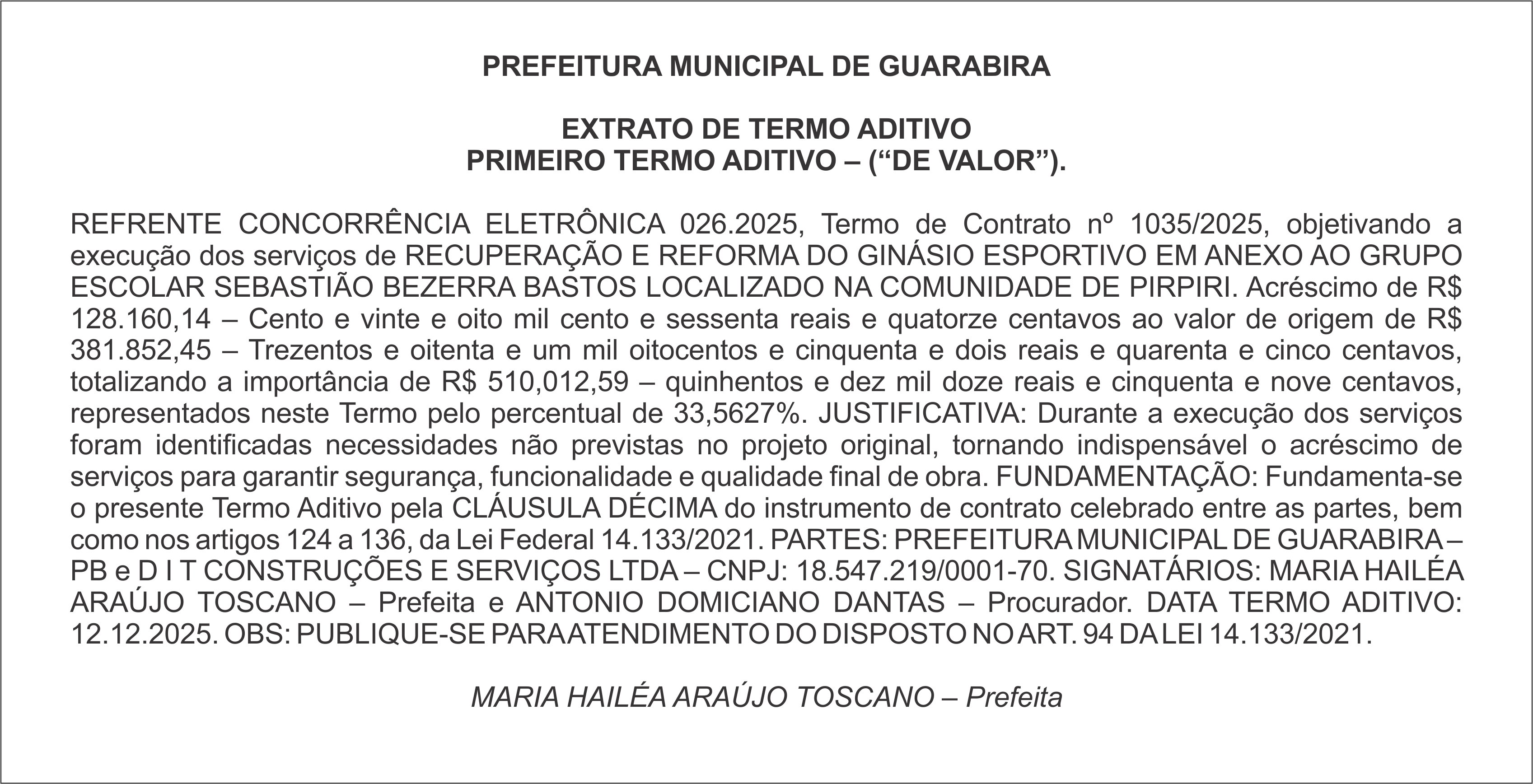 PREFEITURA MUNICIPAL DE GUARABIRA – EXTRATO DE TERMO ADITIVO