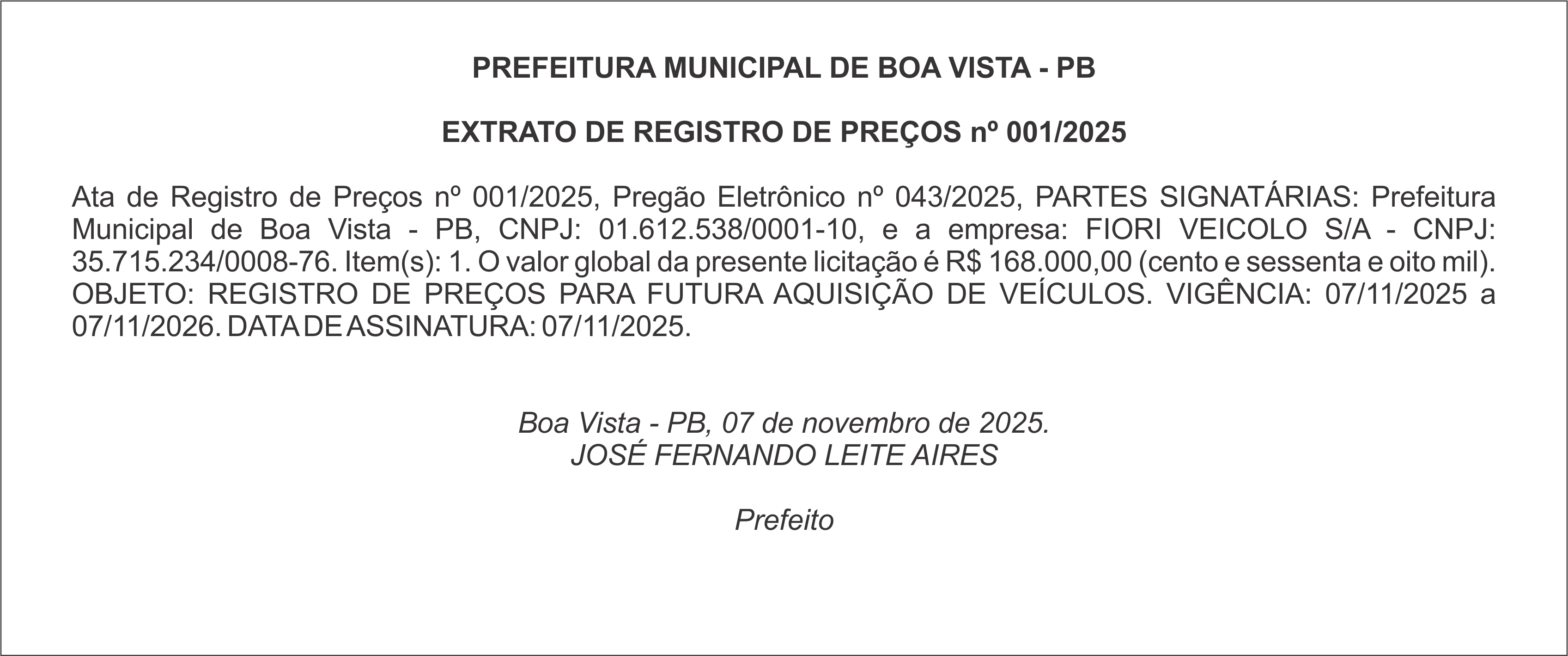 PREFEITURA MUNICIPAL DE BOA VISTA – PB – EXTRATO DE REGISTRO DE PREÇOS nº 001/2025