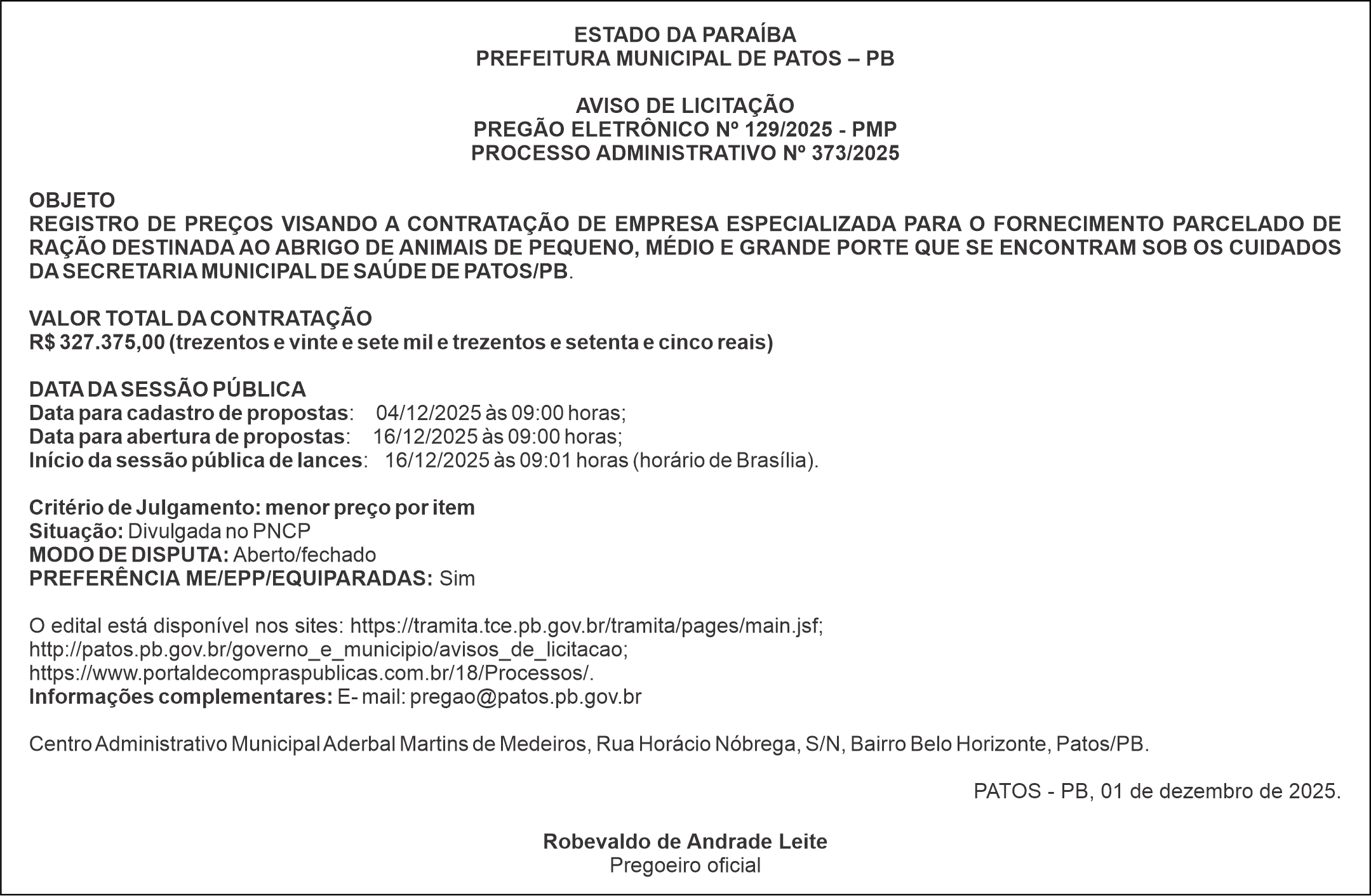 PREFEITURA MUNICIPAL DE PATOS – PB – AVISO DE LICITAÇÃO – PREGÃO ELETRÔNICO Nº 129/2025 – PMP
