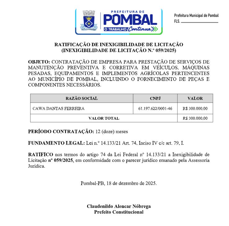 PREFEITURA DE POMBAL – RATIFICAÇÃO DE INEXIGIBILIDADE DE LICITAÇÃO (INEXIGIBILIDADE DE LICITAÇÃO N.º 059/2025)