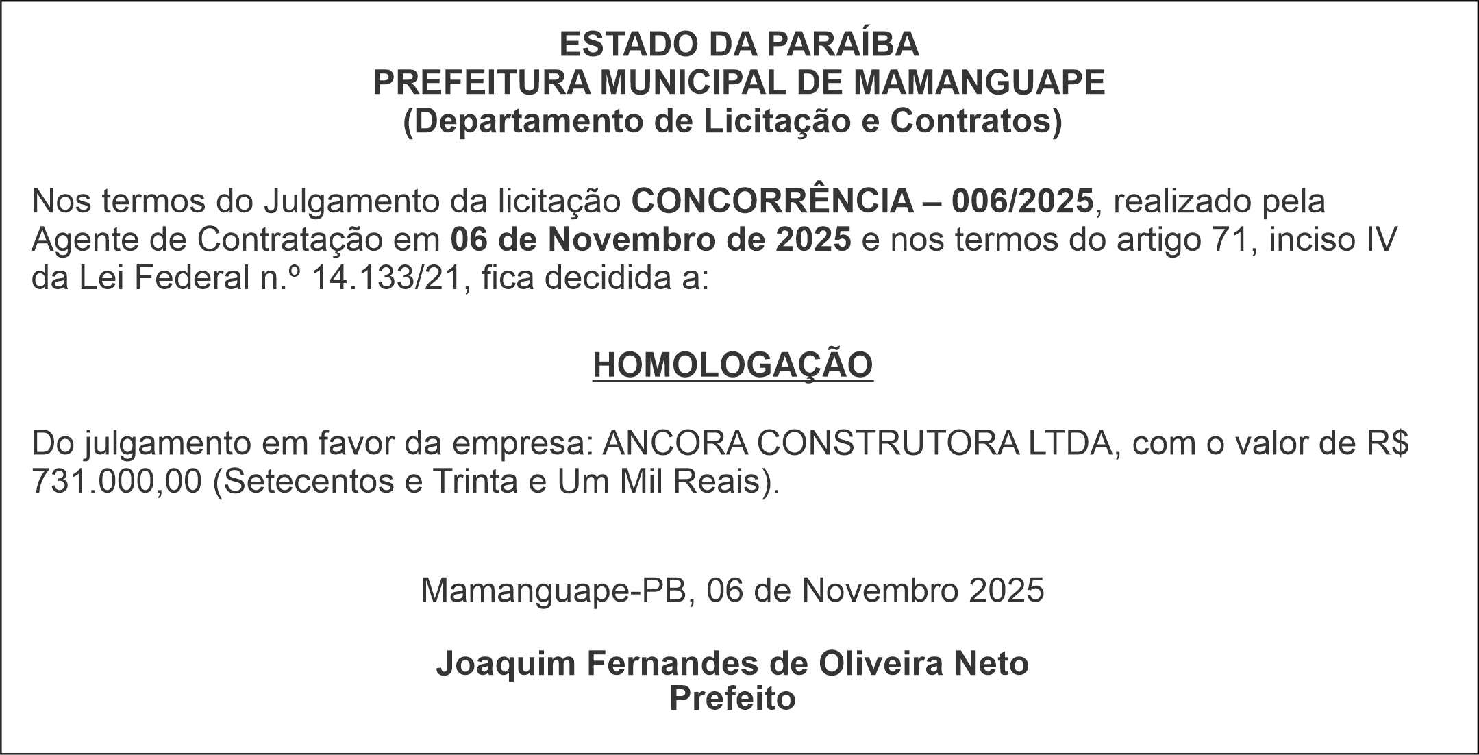 PREFEITURA MUNICIPAL DE MAMANGUAPE – CONCORRÊNCIA 006/2025 – HOMOLOGAÇÃO