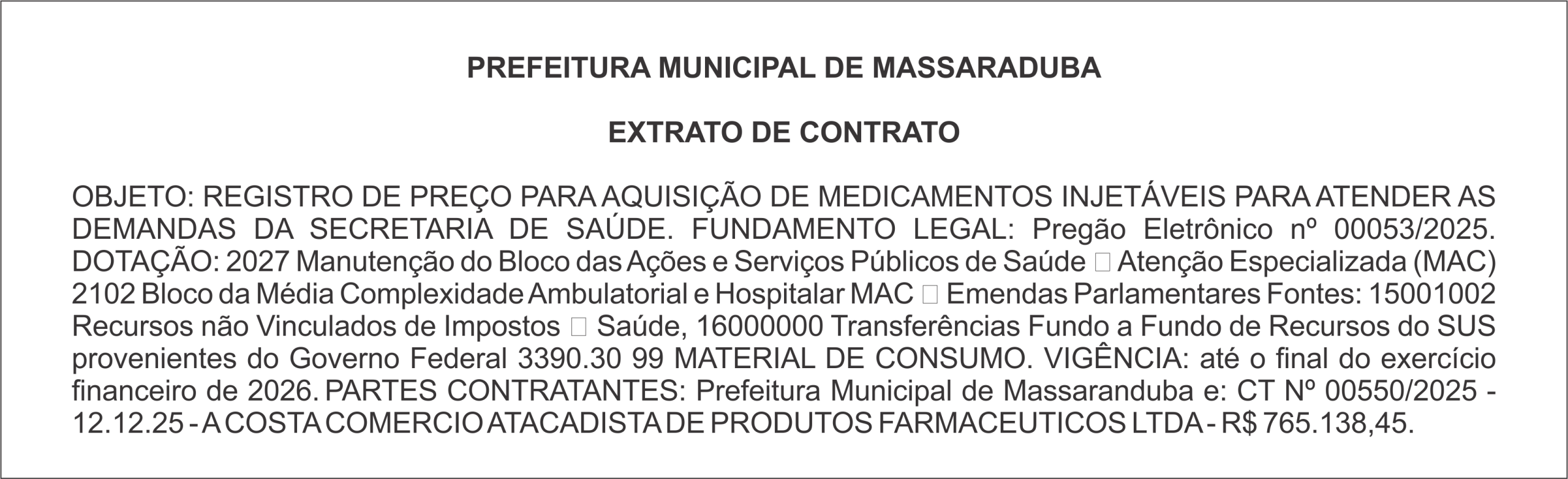 PREFEITURA DE MASSARADUBA – EXTRATO DE CONTRATO