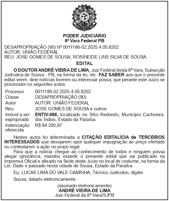 SECRETARIA NACIONAL DE SEGURANÇA HIDRICA – SNSH – MDR – DF – BRASÍLIA – Edital de Citação de Terceiros Interessados – ENTIV-088 (JOSÉ GOMES DE SOUSA)