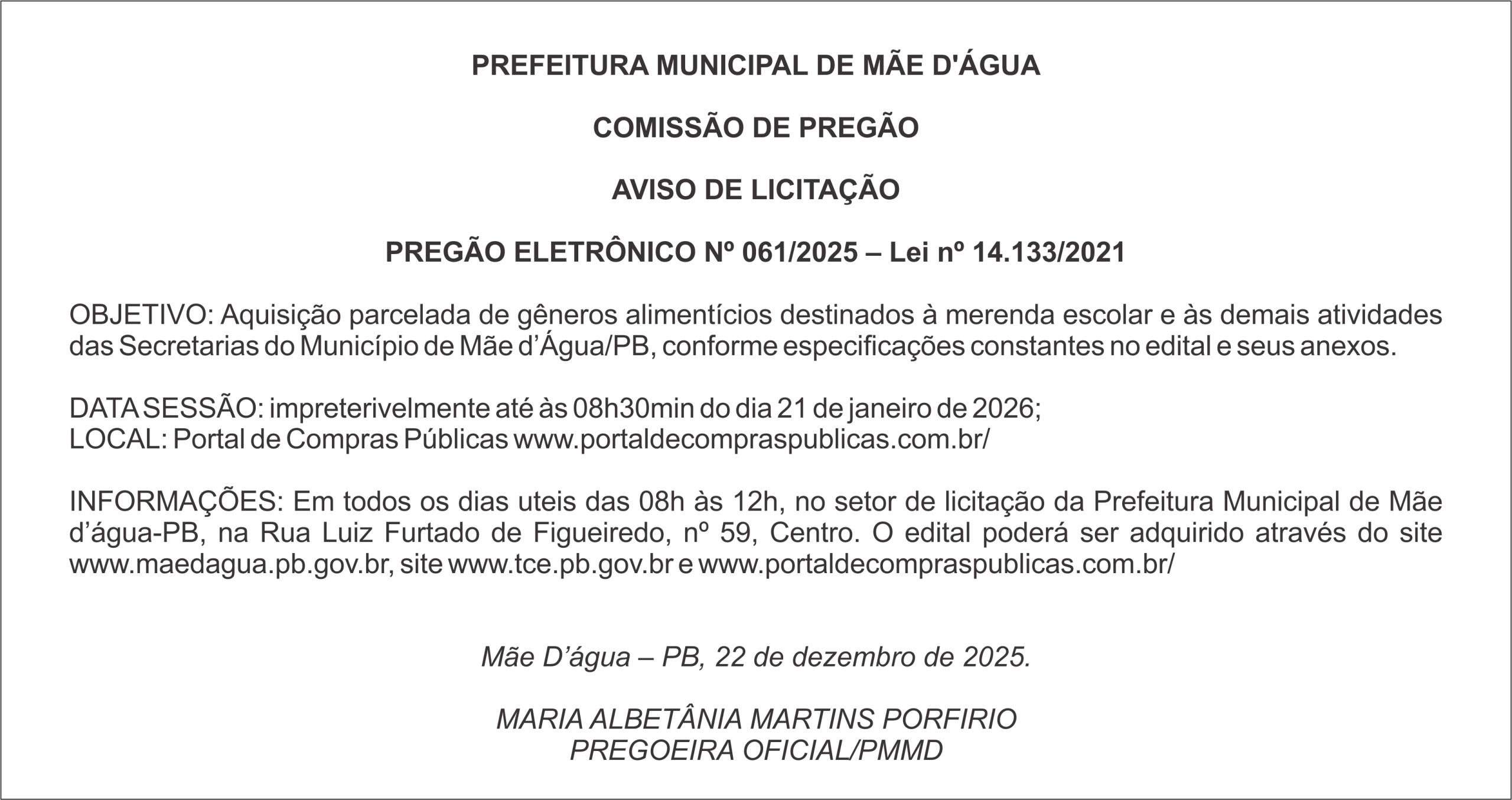 PREFEITURA DE MÃE D’ÁGUA – AVISO DE LICITAÇÃO – PREGÃO ELETRÔNICO Nº 061/2025