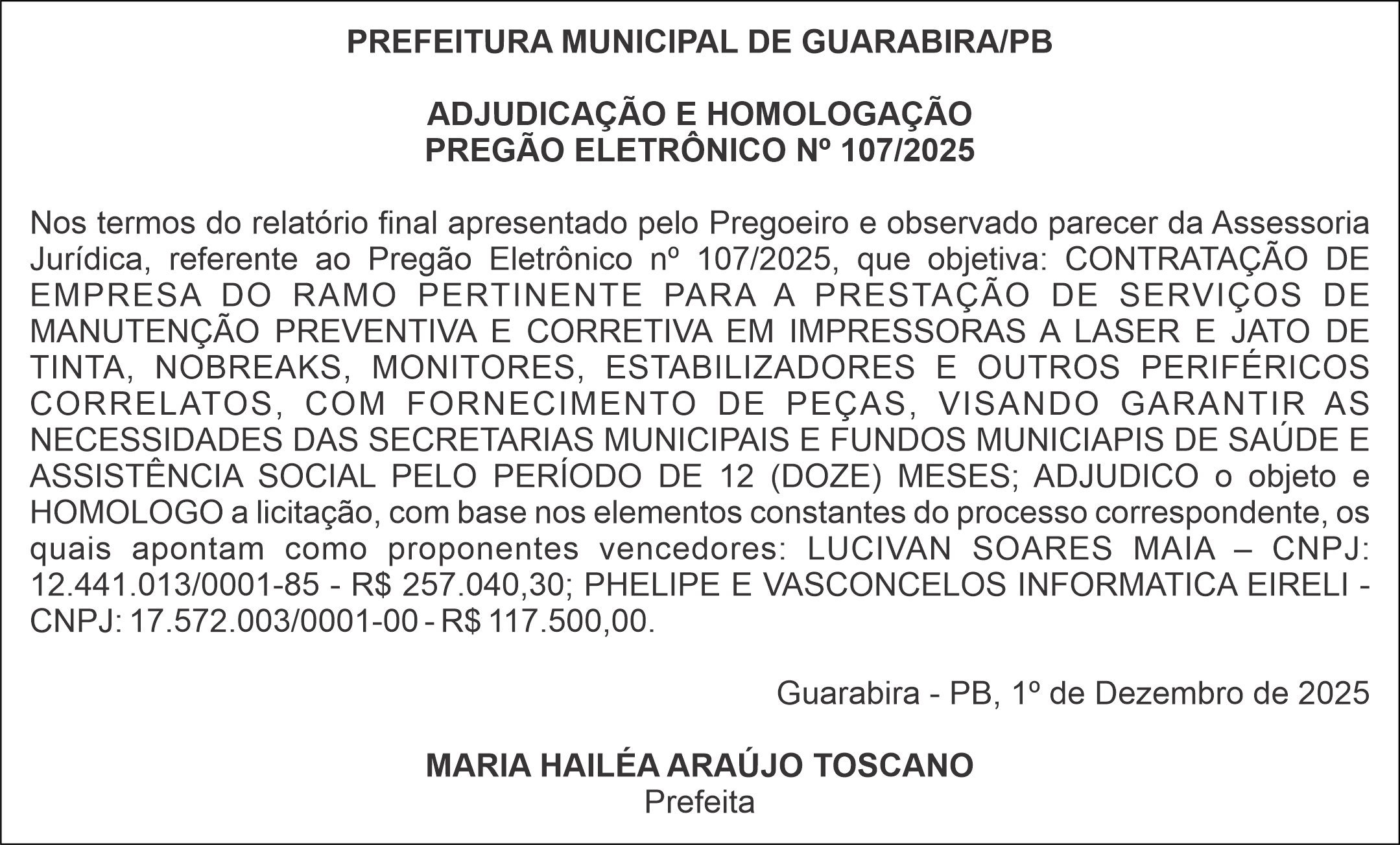 PREFEITURA MUNICIPAL DE GUARABIRA/PB – ADJUDICAÇÃO E HOMOLOGAÇÃO – PREGÃO ELETRÔNICO Nº 107/2025