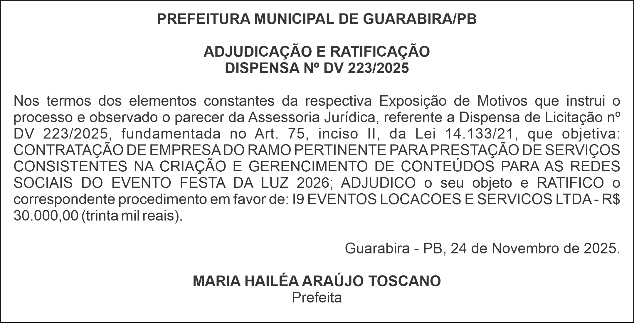 PREFEITURA MUNICIPAL DE GUARABIRA/PB – ADJUDICAÇÃO E RATIFICAÇÃO – DISPENSA Nº DV 223/2025