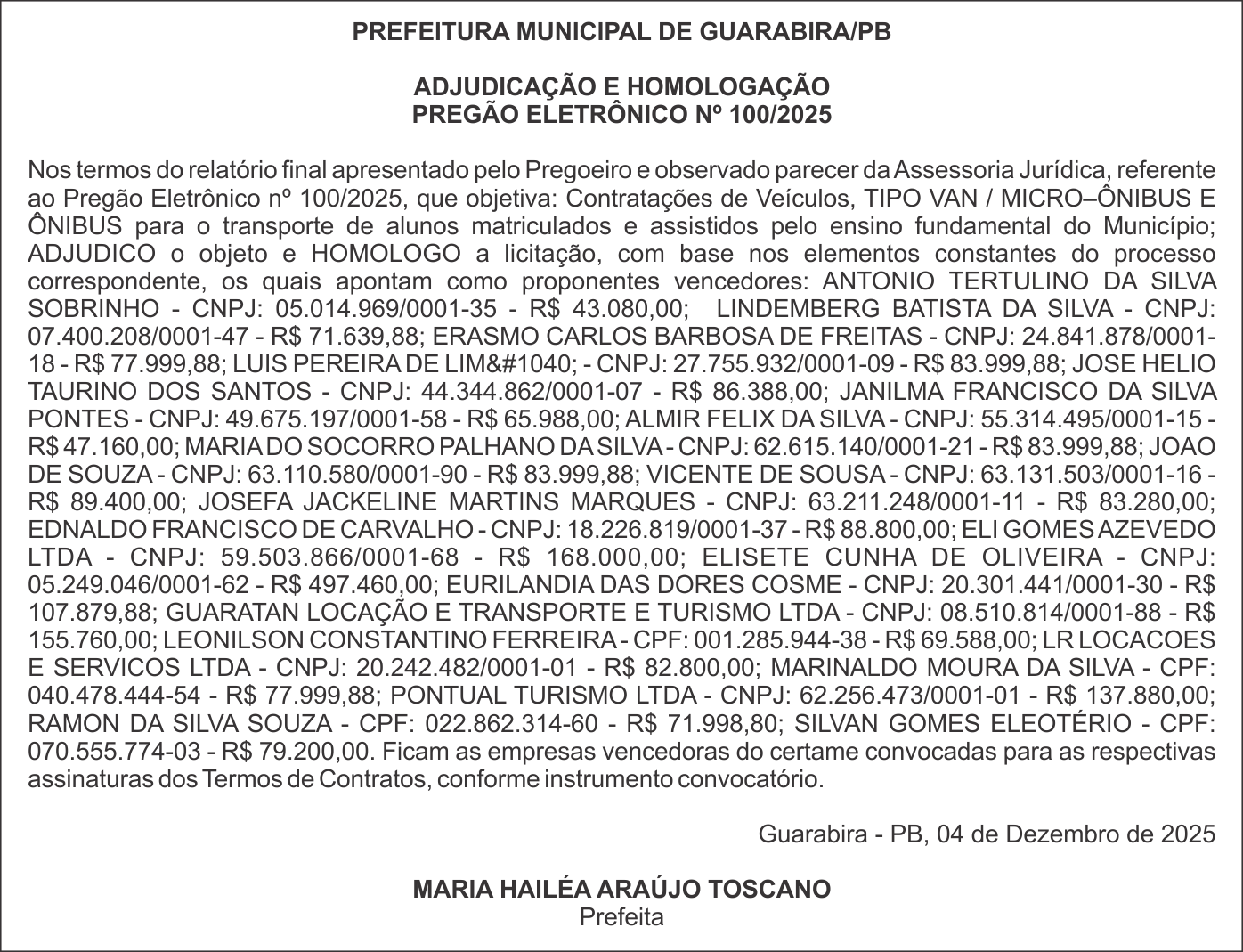 PREFEITURA MUNICIPAL DE GUARABIRA/PB – ADJUDICAÇÃO E HOMOLOGAÇÃO – PREGÃO ELETRÔNICO Nº 100/2025