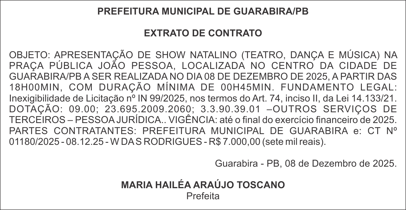 PREFEITURA MUNICIPAL DE GUARABIRA/PB – EXTRATO DE CONTRATO
