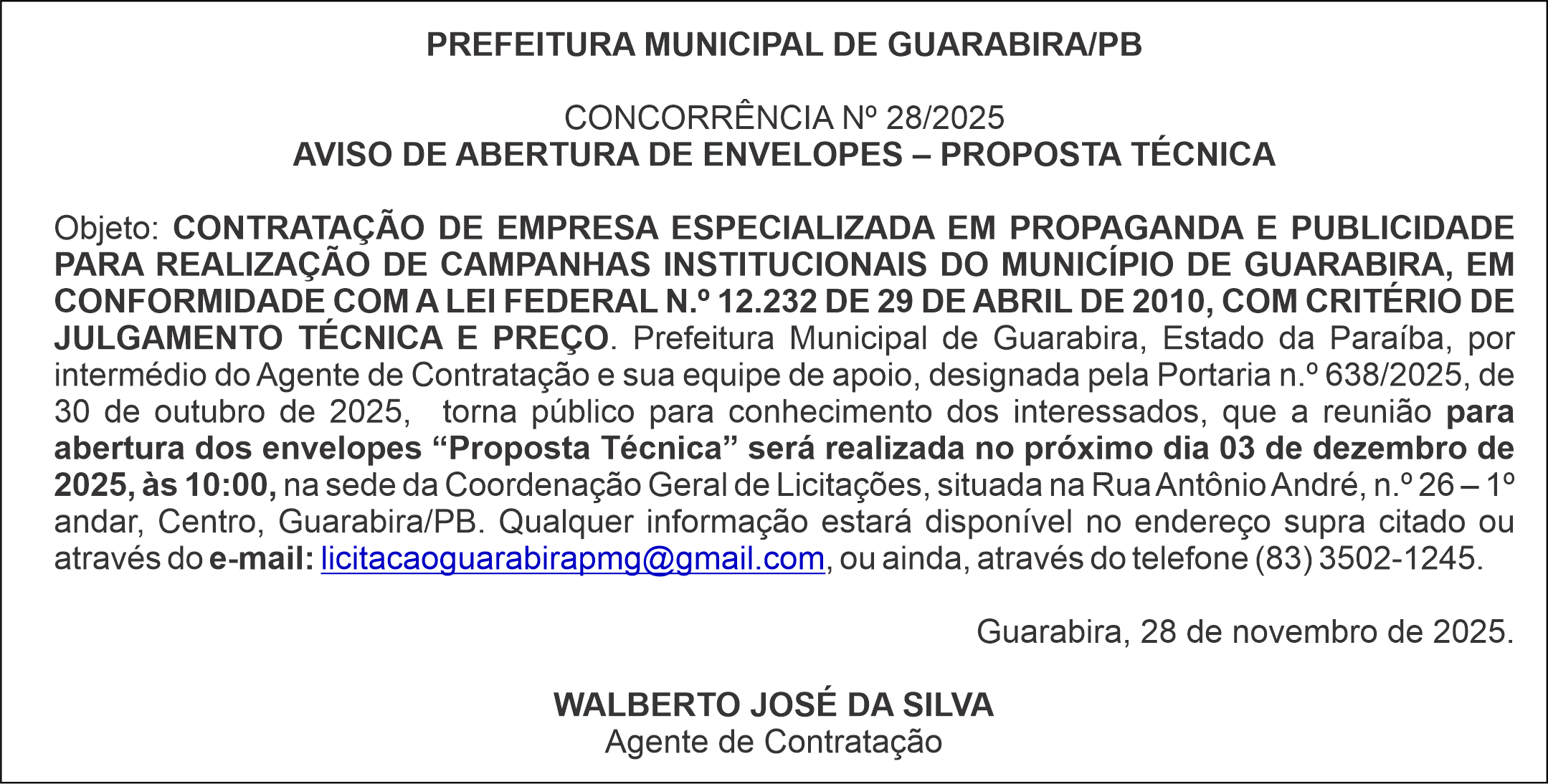 PREFEITURA MUNICIPAL DE GUARABIRA/PB – CONCORRÊNCIA Nº 28/2025 – AVISO DE ABERTURA DE ENVELOPES – PROPOSTA TÉCNICA