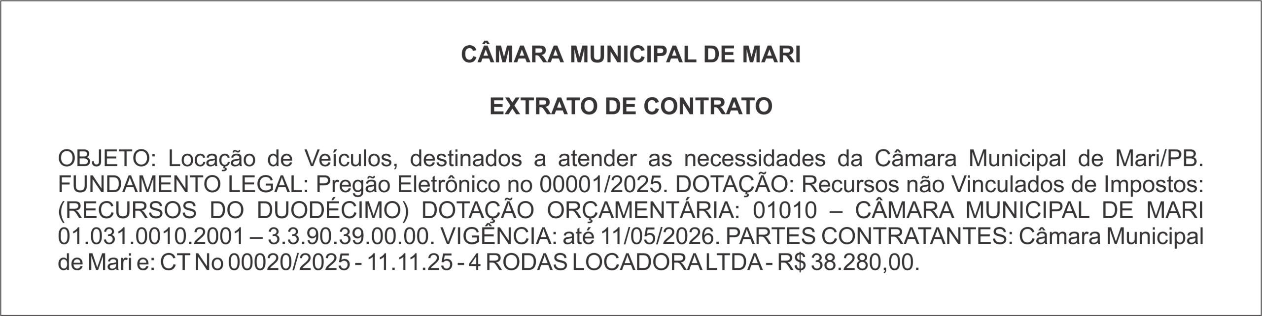 CÂMARA MUNICIPAL DE MARI – EXTRATO DE CONTRATO