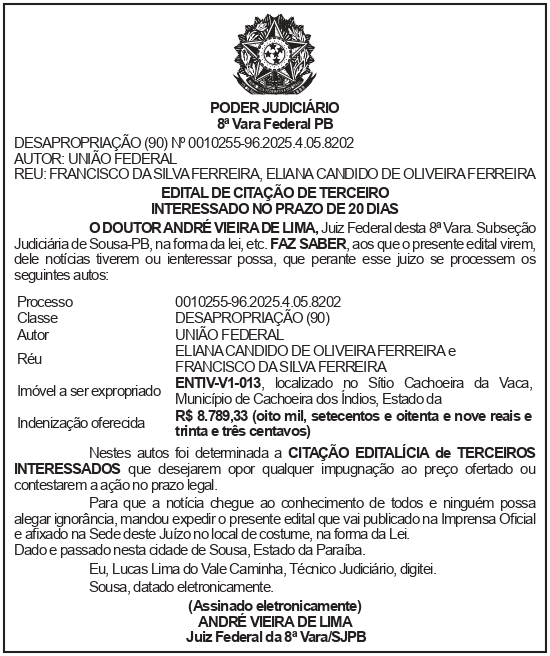 SECRETARIA NACIONAL DE SEGURANÇA HIDRICA – SNSH – MDR – DF – BRASÍLIA – Edital de Citação de Terceiro Interessado – ENTIV-V1-013 (FRANCISCO DA SILVA FERREIRA)