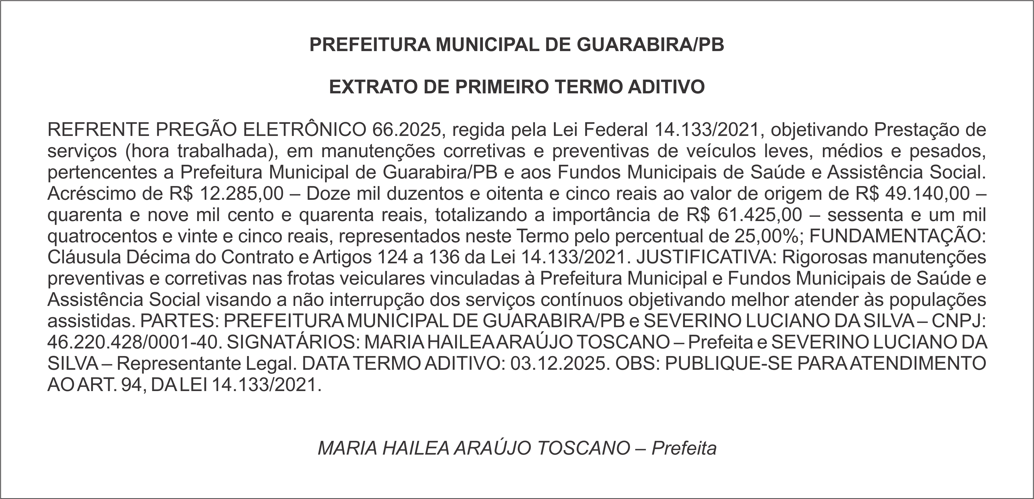PREFEITURA MUNICIPAL DE GUARABIRA/PB – EXTRATO DE PRIMEIRO – TERMO ADITIVO – REFRENTE PREGÃO ELETRÔNICO 66.2025