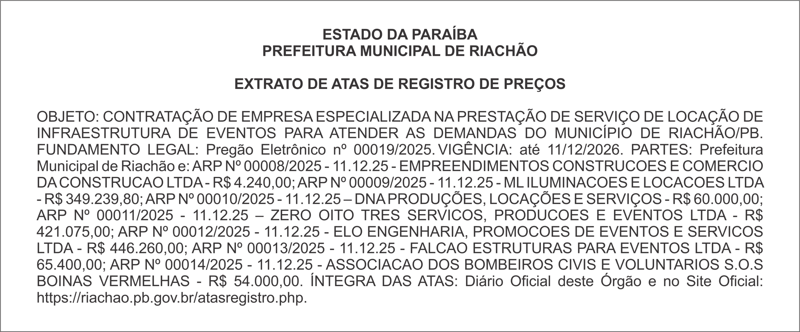 PREFEITURA MUNICIPAL DE RIACHÃO – EXTRATO DE ATAS DE REGISTRO DE PREÇOS
