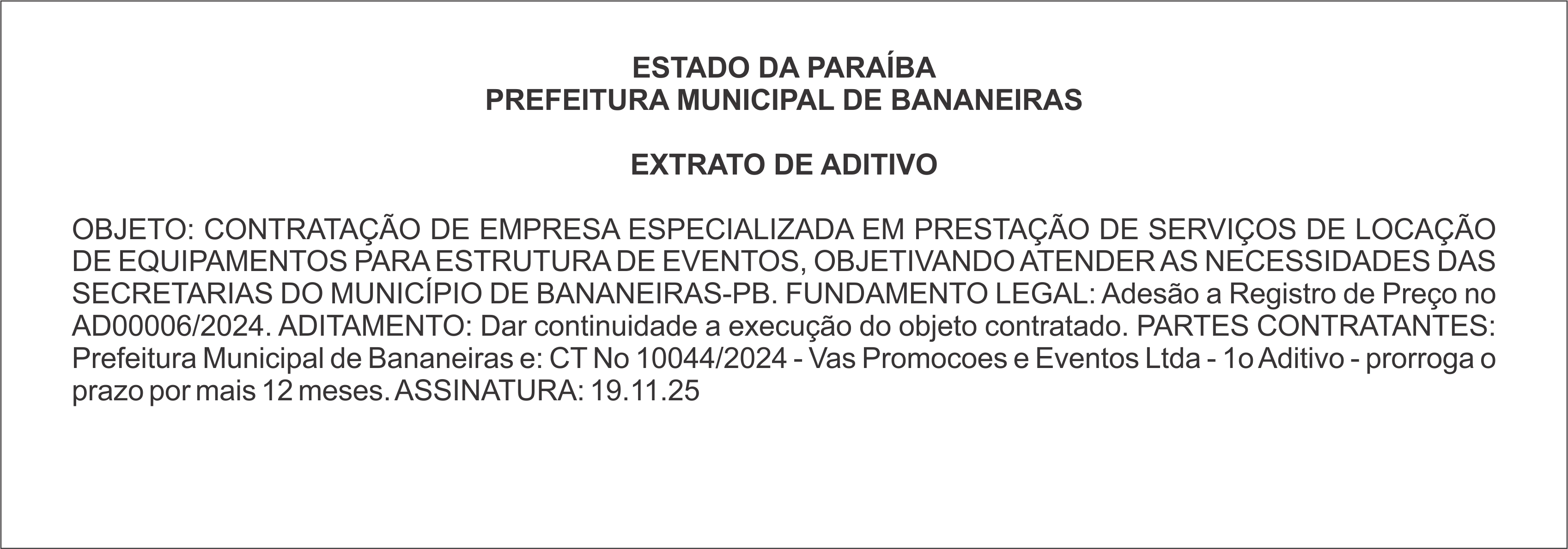 PREFEITURA MUNICIPAL DE BANANEIRAS – EXTRATO DE ADITIVO