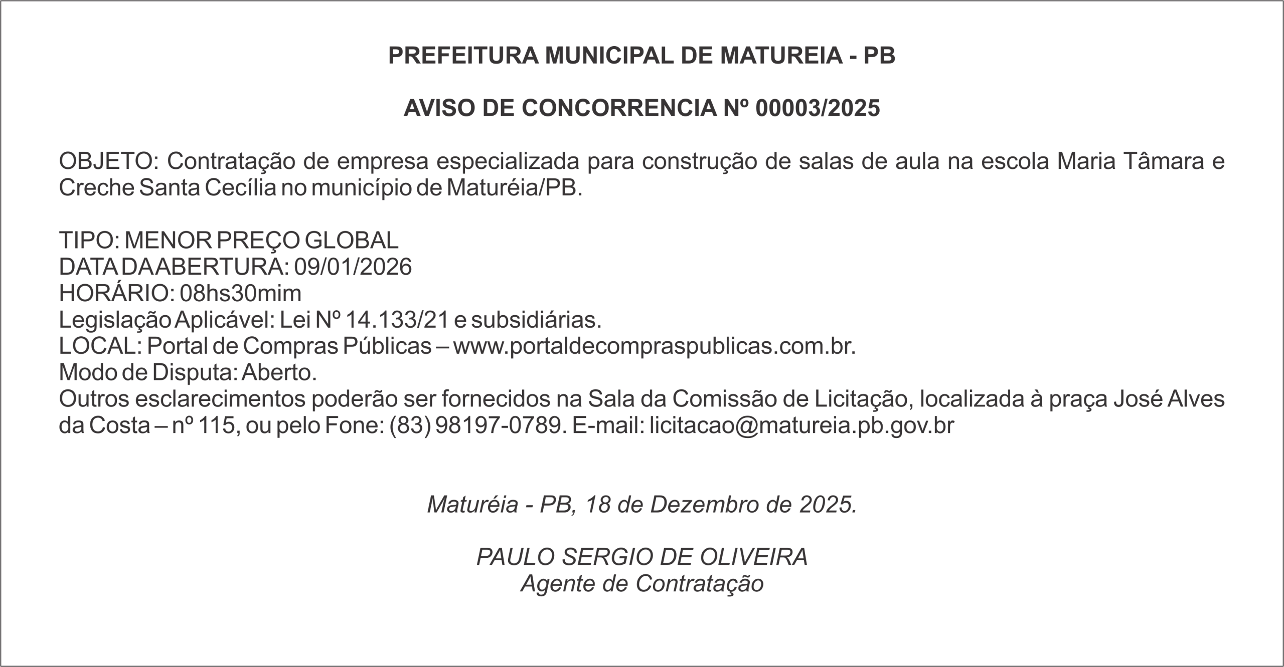 PREFEITURA MUNICIPAL DE MATUREIA – PB – AVISO DE CONCORRENCIA Nº 00003/2025
