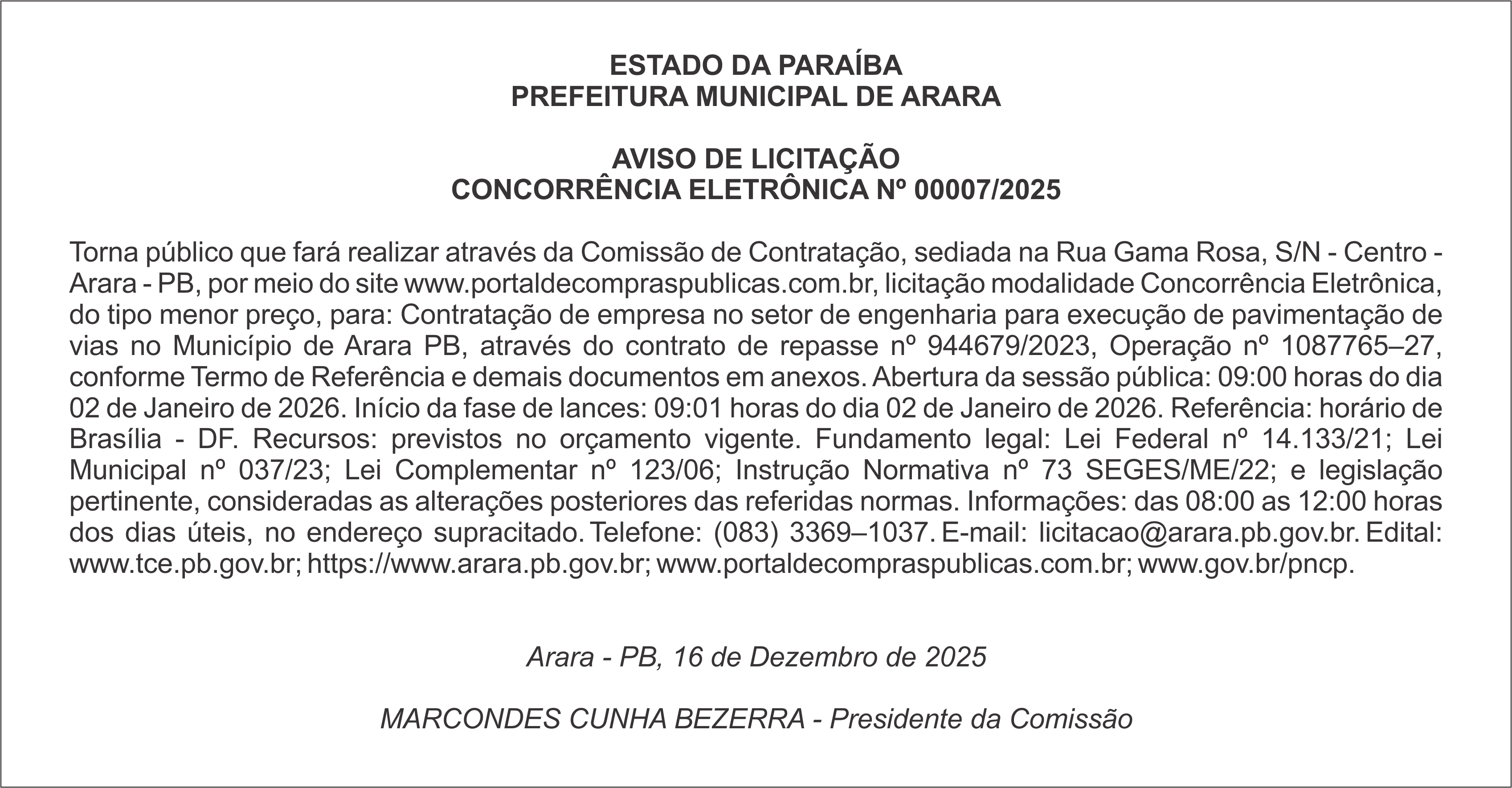 PREFEITURA MUNICIPAL DE ARARA – AVISO DE LICITAÇÃO – CONCORRÊNCIA ELETRÔNICA Nº 00007/2025