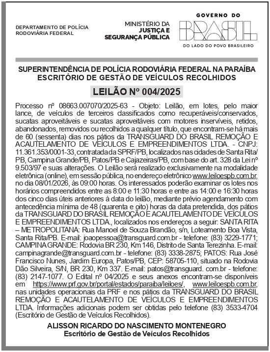SRPRF – PB – 14° SR – JOÃO PESSOA – LEILÃO No 04/2025