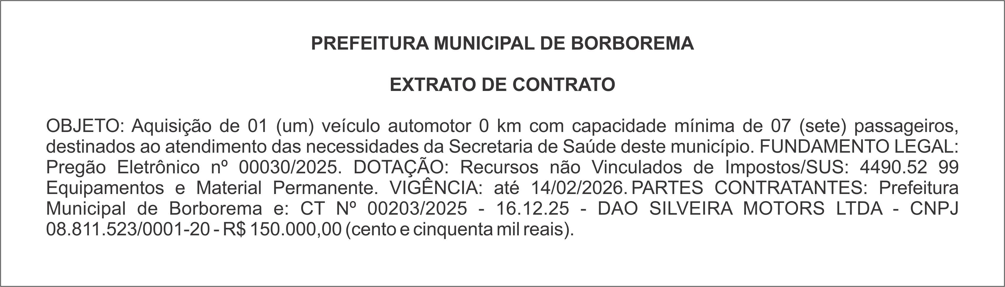 PREFEITURA MUNICIPAL DE BORBOREMA – EXTRATO DE CONTRATO