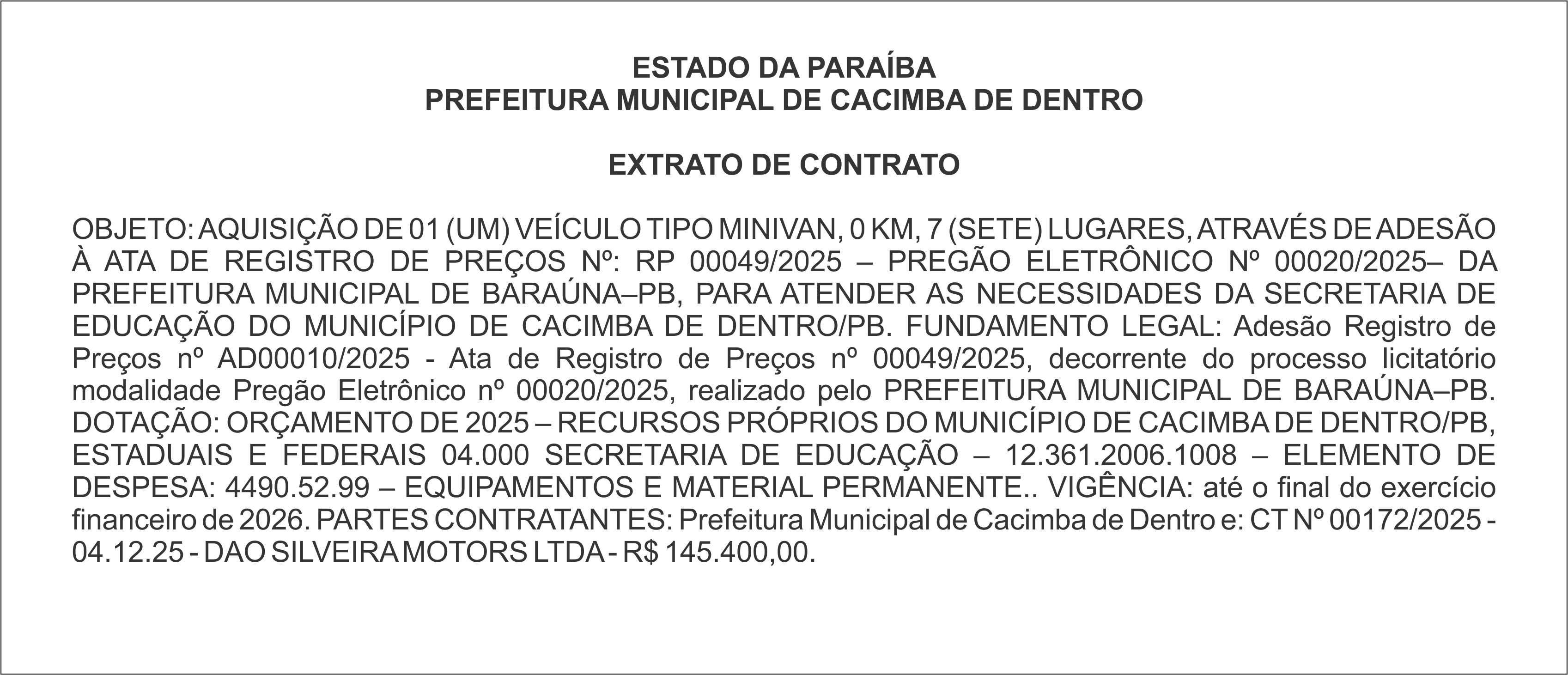 PREFEITURA MUNICIPAL DE CACIMBA DE DENTRO – EXTRATO DE CONTRATO