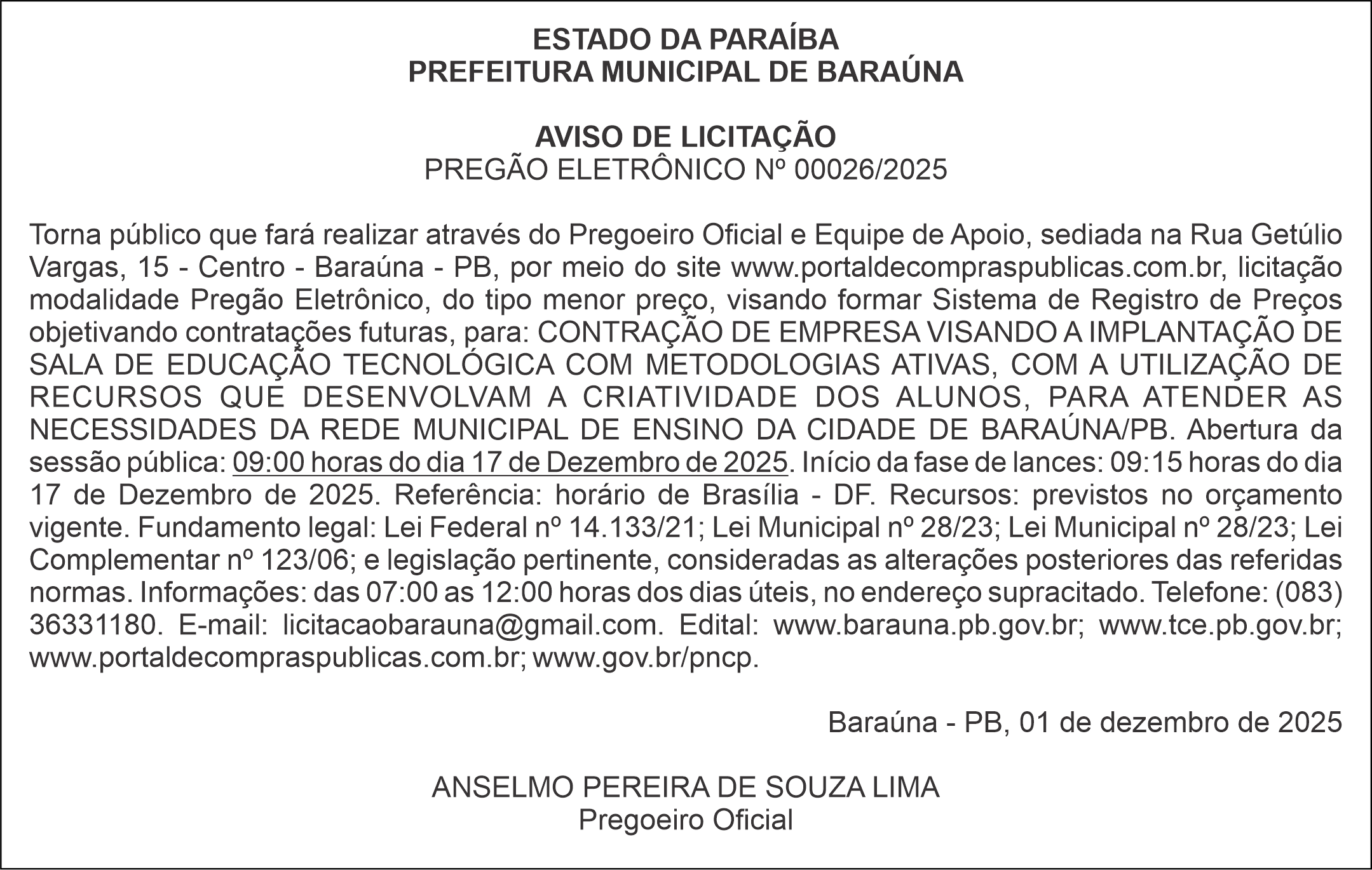 PREFEITURA MUNICIPAL DE BARAÚNA – AVISO DE LICITAÇÃO – PREGÃO ELETRÔNICO Nº 00026/2025